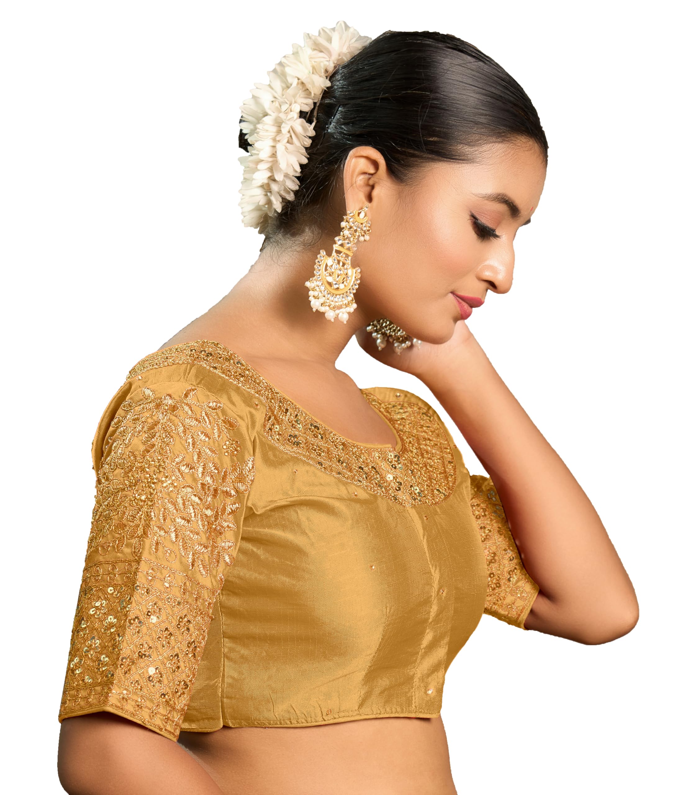 Vihu Fashion Women's Heavy Embroidery Coding With Sequins Work Half Sleeves Fancy Readymade Saree Blouse(Chamak Gold_38)