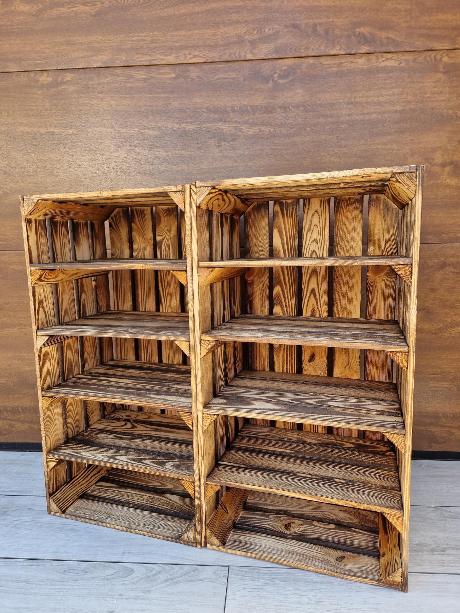 1,2 Big short Solid&Strong Storage Wooden Crates Fruit Storage Box Shelf Decor - Clean - Burn effect, long short shelf (2 Crates Burnt effect short 4)