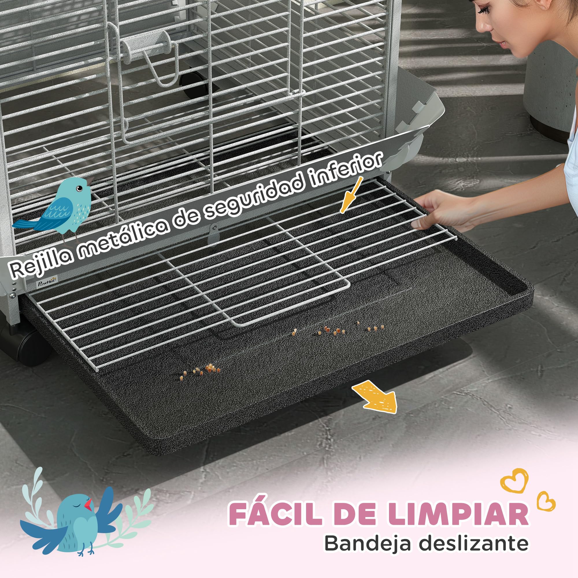 PawHut Jaula para Pájaros con Ruedas Jaula para Loros Bandeja Desmontable y Perchas Comederos Pajarera para Cotorras Cacatúas 79x73x146 cm Gris Claro