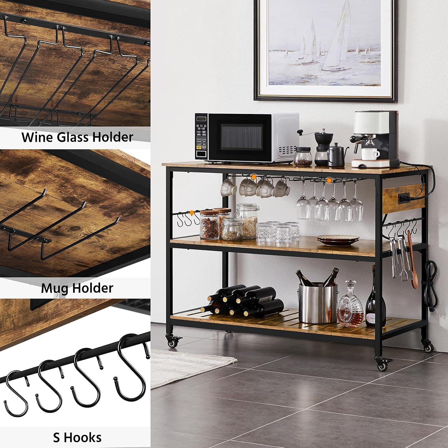 Yaheetech Kitchen Island with Power Outlet, Rolling Kitchen Cart with Wine Rack & Glass Holder & Hooks, Coffee Station Microwave Stand Wine Rack Table for Kitchen/Dinning Room, Rustic Brown