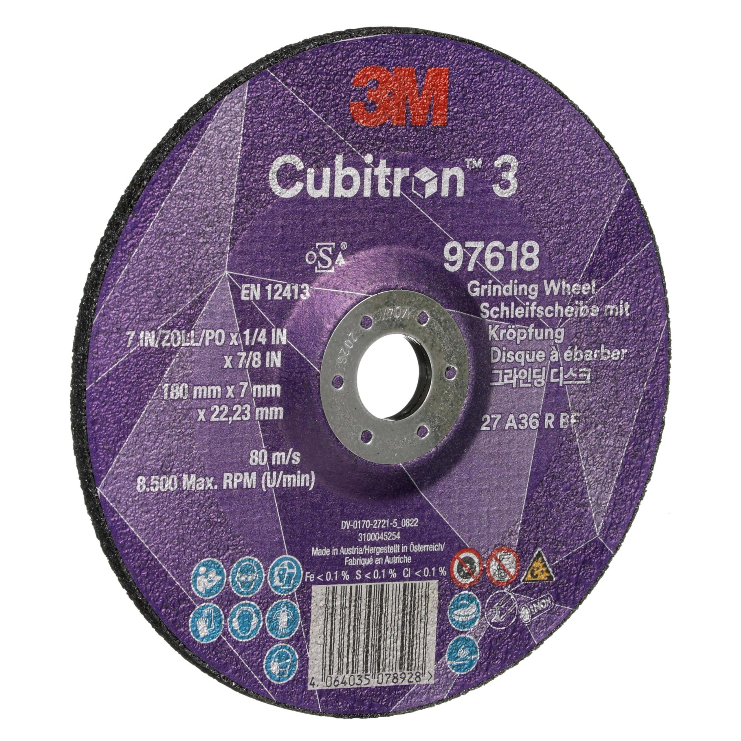 3M Cubitron 3 Disco de Desbaste con Centro Hundido, 97618, 36+, T27 | 180 mm x 7 mm x 22.23 mm, Especial para Ranurado EN, Paquete de 10 Unidades