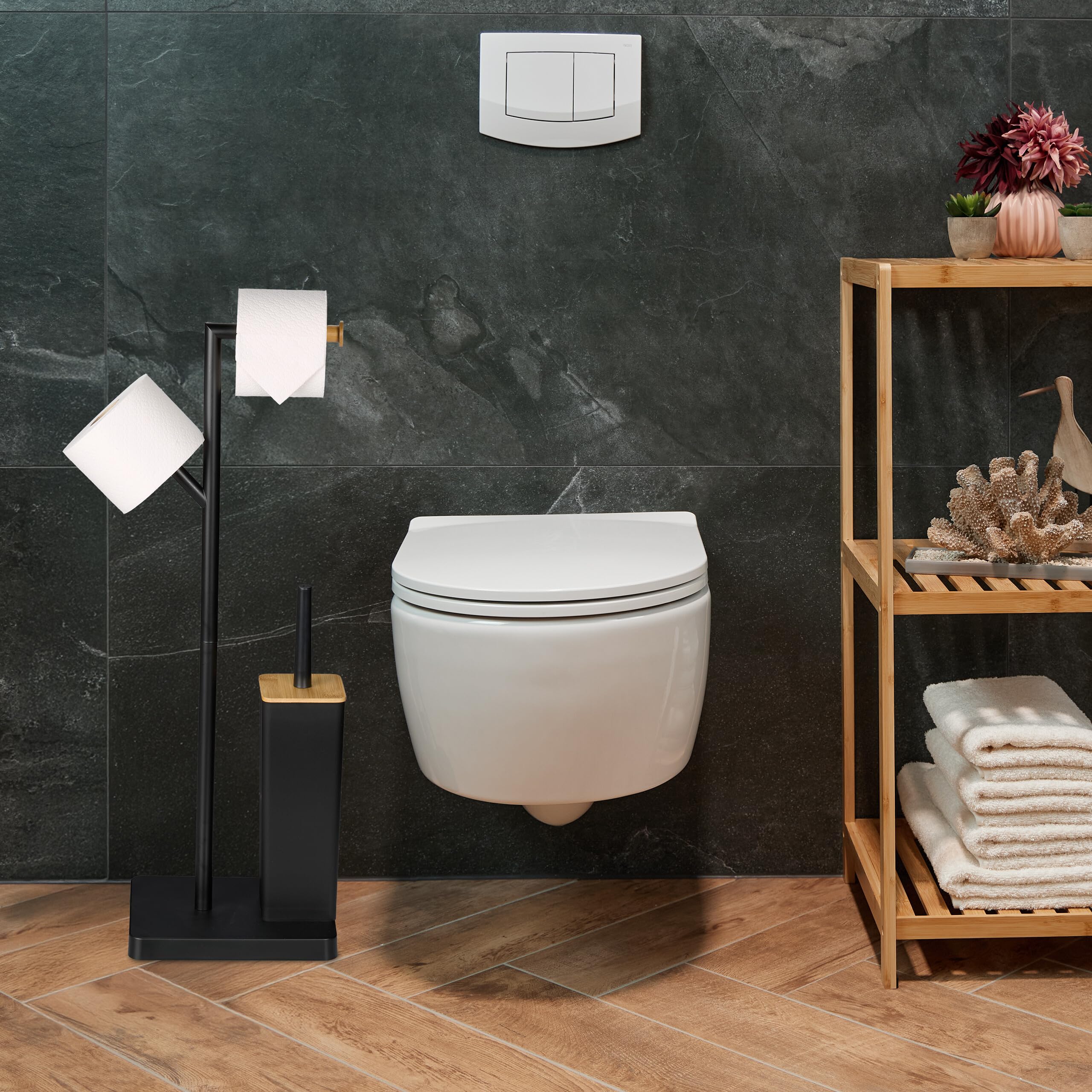 Relaxdays Escobillero y Portarrollos Baño, 71 x 23 x 18 cm, Soporte Papel Higiénico Repuesto, Escobilla, Negro/Natural