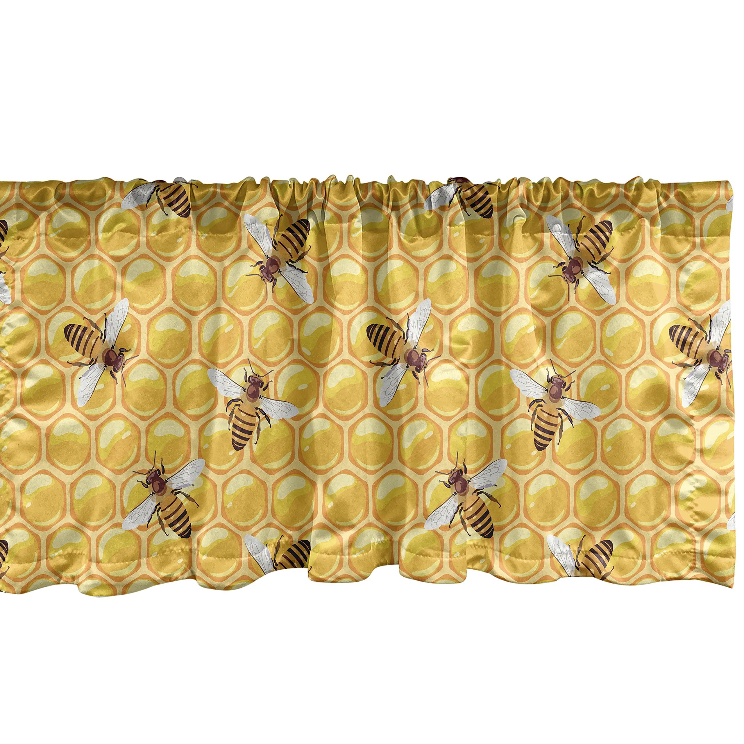 AmbesonneBee Window Valance, Honeybees Working on Honeycomb Hard Worker Insects Illustration Print, Curtain Valance for Kitchen Bedroom Decor with Rod Pocket, 54" X 12", Orange Apricot