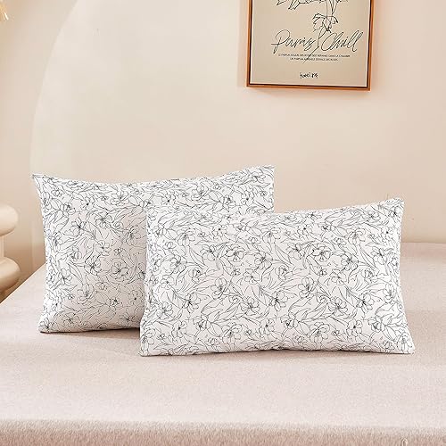 Miniatura 2 de ECOCOTT Paquete de 2 fundas de almohada tamaño California King con estampado floral blanco y negro, 100% algodón, cierre de sobre (California King,