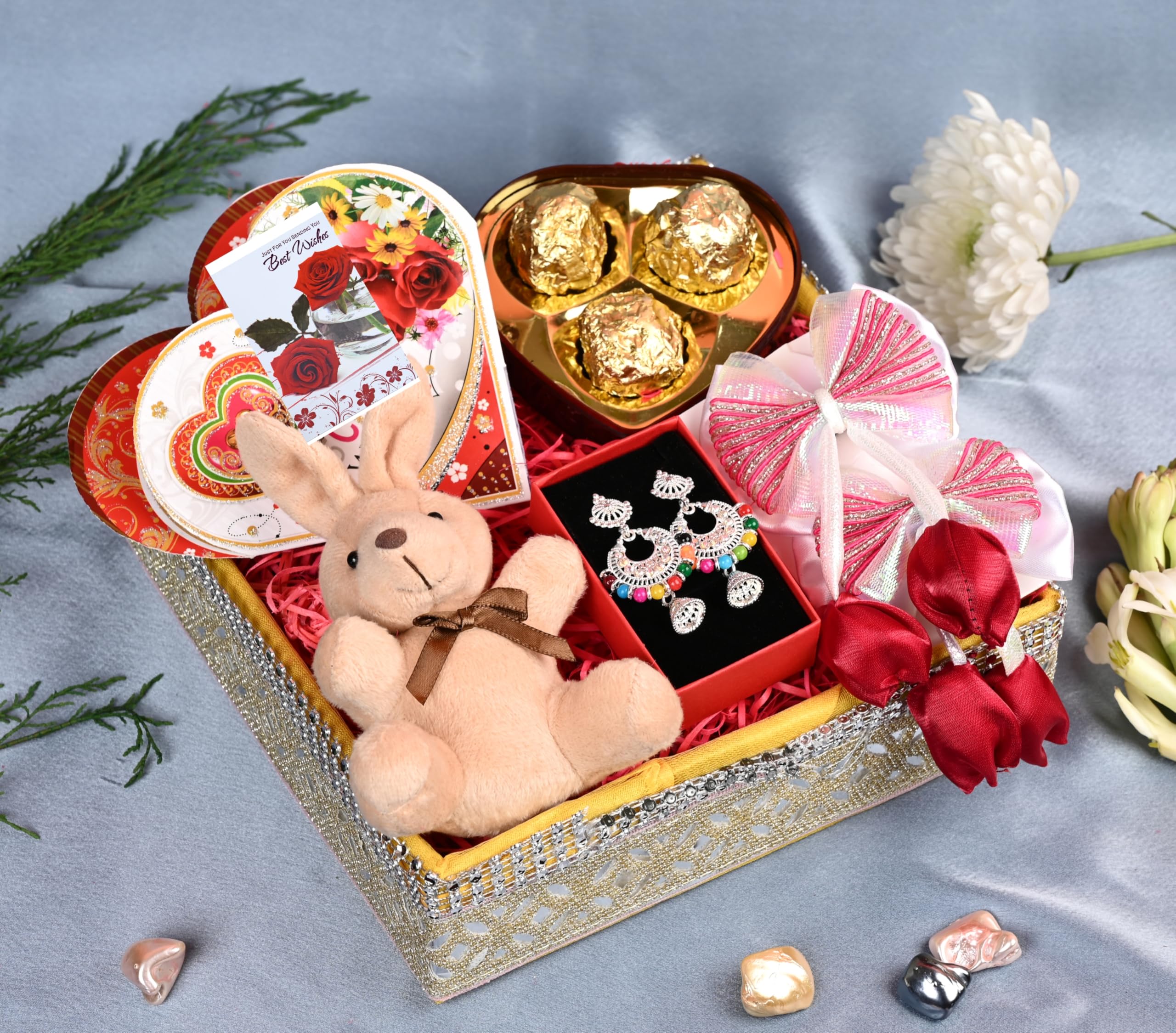 Rakhi gift hamper for sister/rahi gift for cute sister/raki giftfor girls-Decorated hamper+Chocolates in a heart box+Tulip flower clip set+Teddy Bear Keychain+Greeting card-image-20