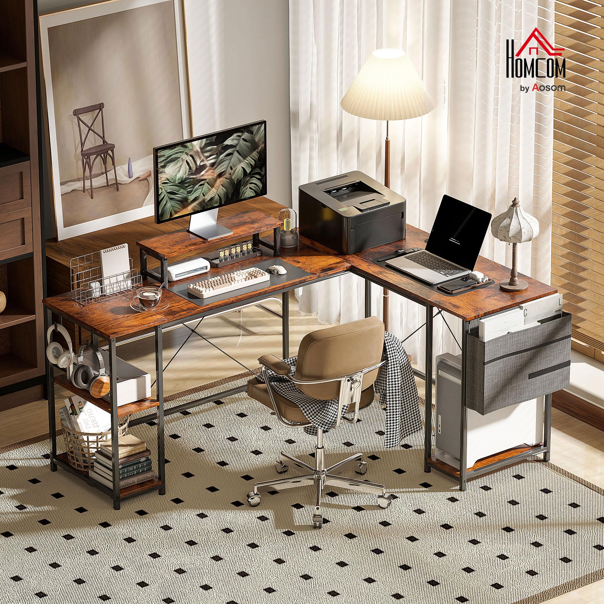 HOMCOM Bureau d'angle Réversible Étagère Réglable 168-240 cm Brun Rustique