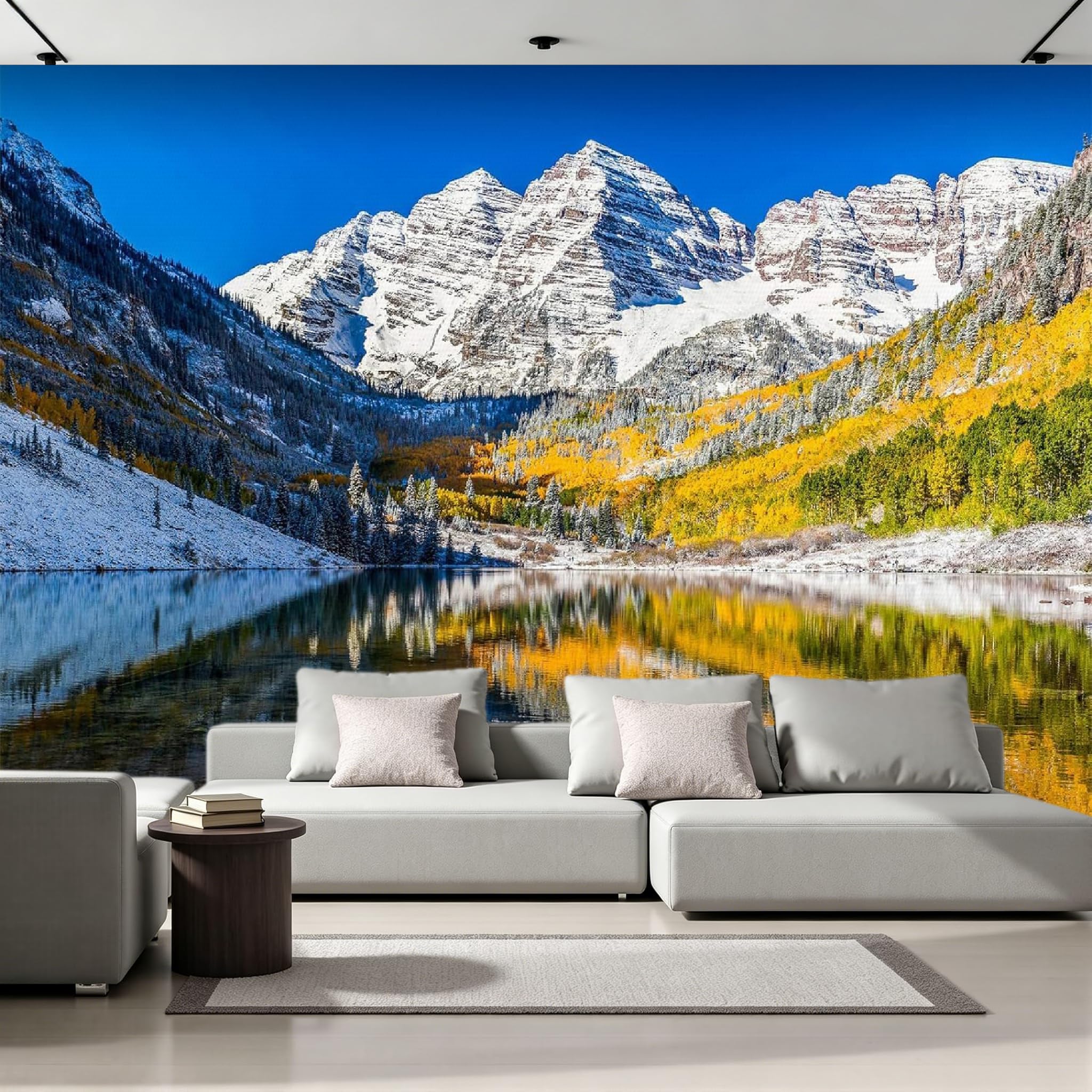 Papier peint panoramique intissé pour agrandir un salon sombre avec un paysage de montagne 3D