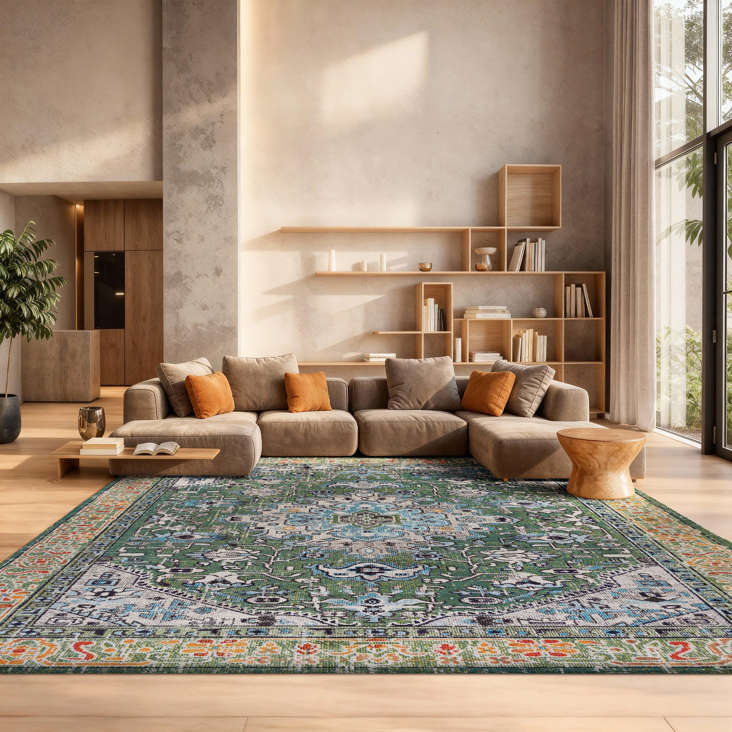 SAFAVIEH Madison Collection Area Rug - 6' x 9', Green & Turquoise, Boho Medallion Distressed Design, Non-Shedding & Easy Care, Ideal for High Traffic Areas in Living Room, Bedroom (MAD474Y)