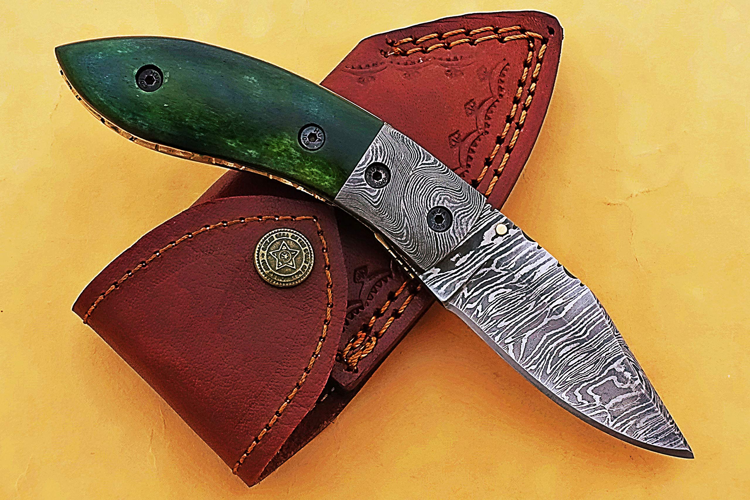 Smart & Sharp Custom Handmade Damascus Steel Folding Knife/Pocket Knife SS-17364 (Green Colored Bone) (Green Bone)