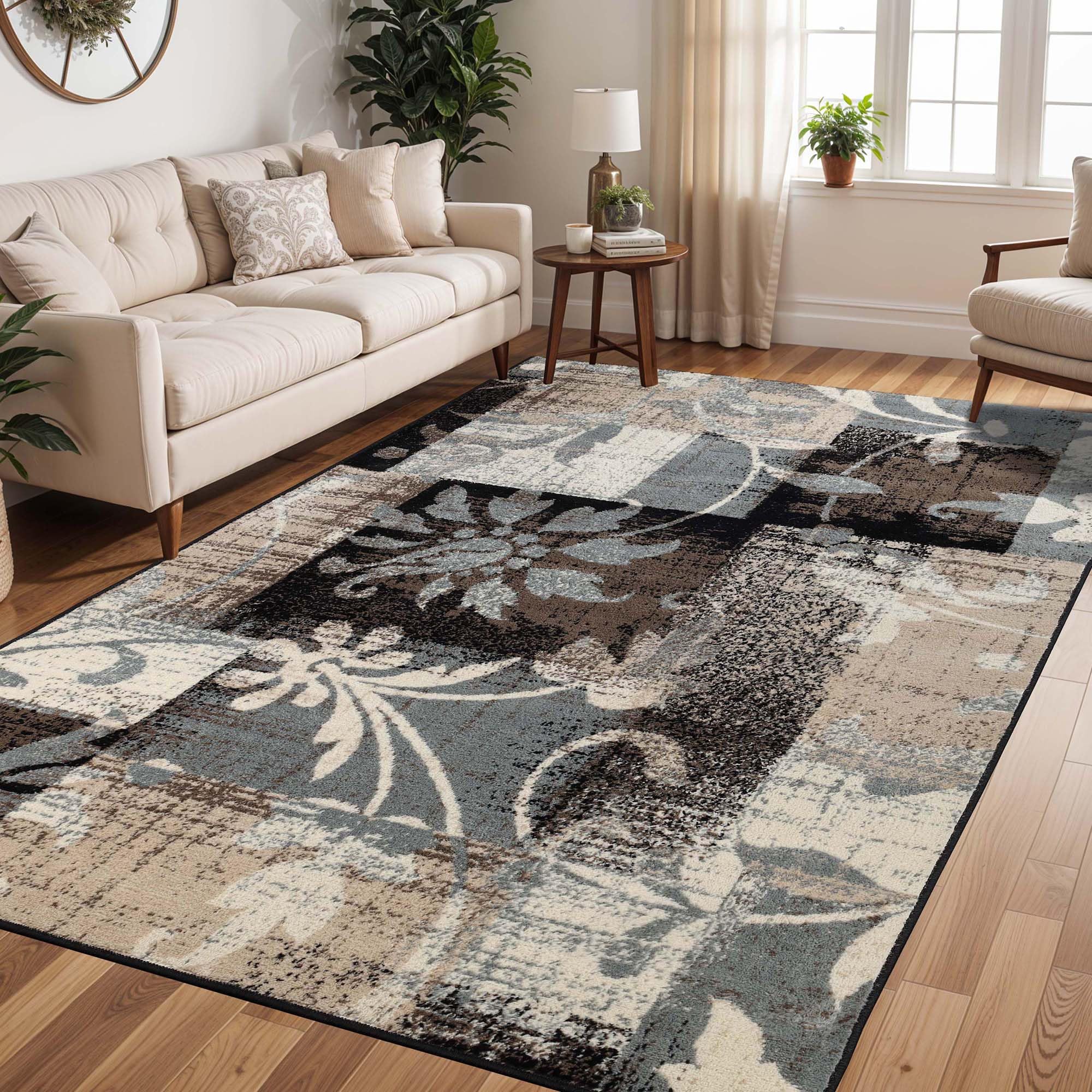 Indoor Large Area Rug with Jute Backing, Floral Geometric Decor for Living Room, Kitchen, Bedroom, Office, Entryway, Hallway, Hardwood Floors,