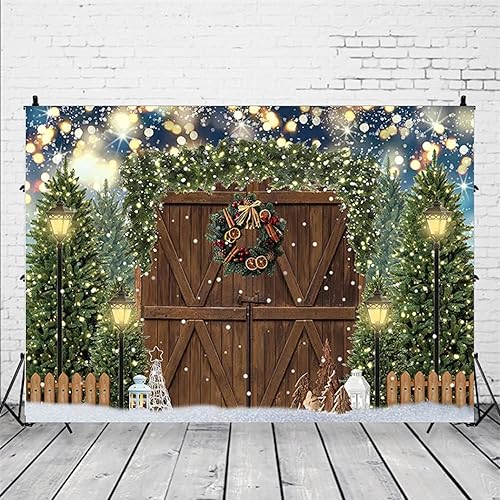 Miniatura 3 de Fondo de fotografía con puerta de granero de madera rústica, bokeh con purpurina, decoración de retrato para niños, árbol de Navidad, estudio