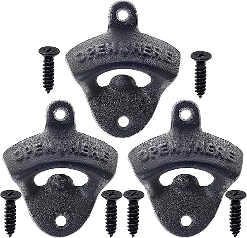 HAIICEN Abridor de tapas de botellas negro montado en la pared de hierro fundido abierto aquí (paquete de 3)