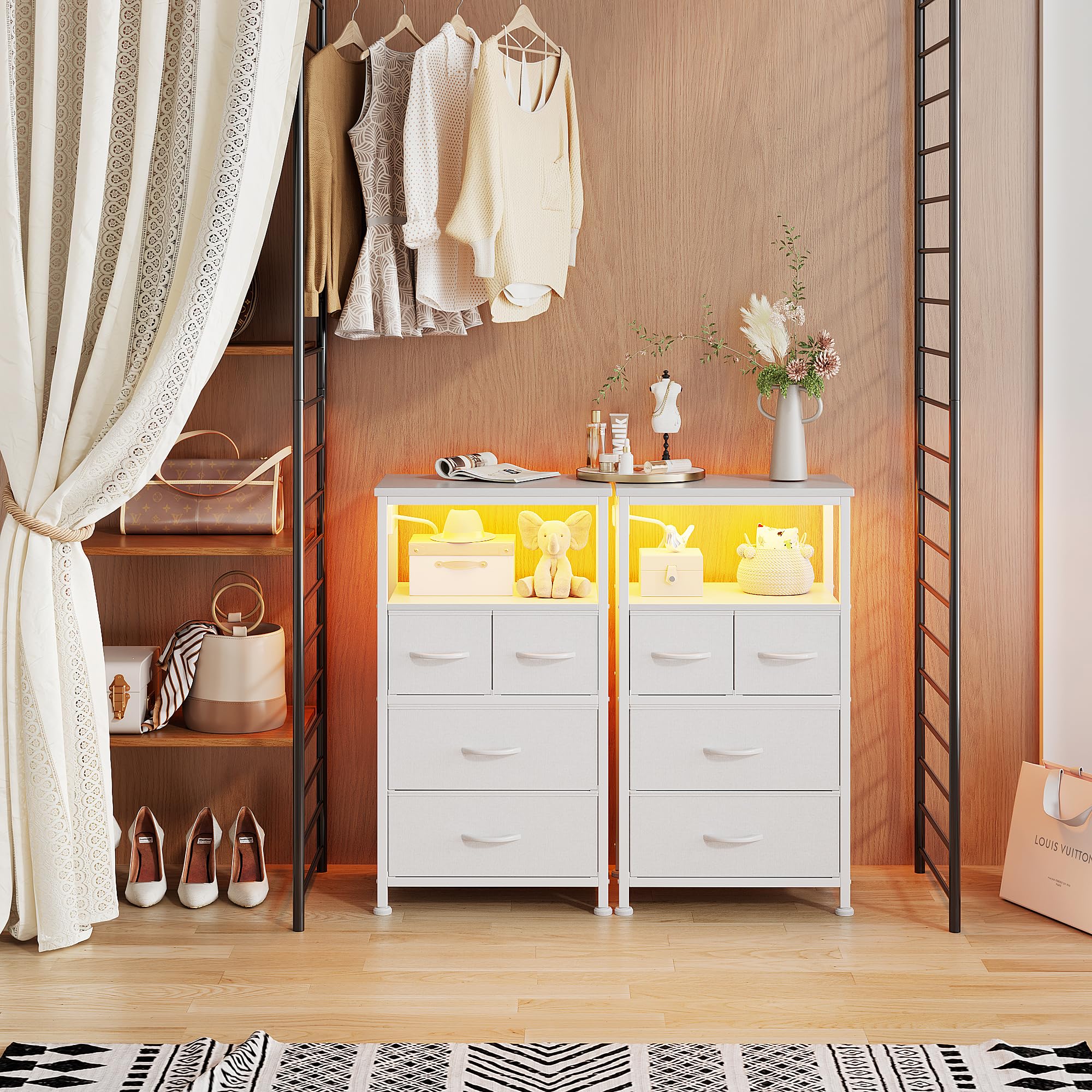 Flrrtenv Dresser for Bedroom, Night Stand with Charging Station, LED Nightstand with 4 Drawers, Tall Table de Chevet for Bedroom, Bedside Table with Storage Shelf for Living Room, White - 3