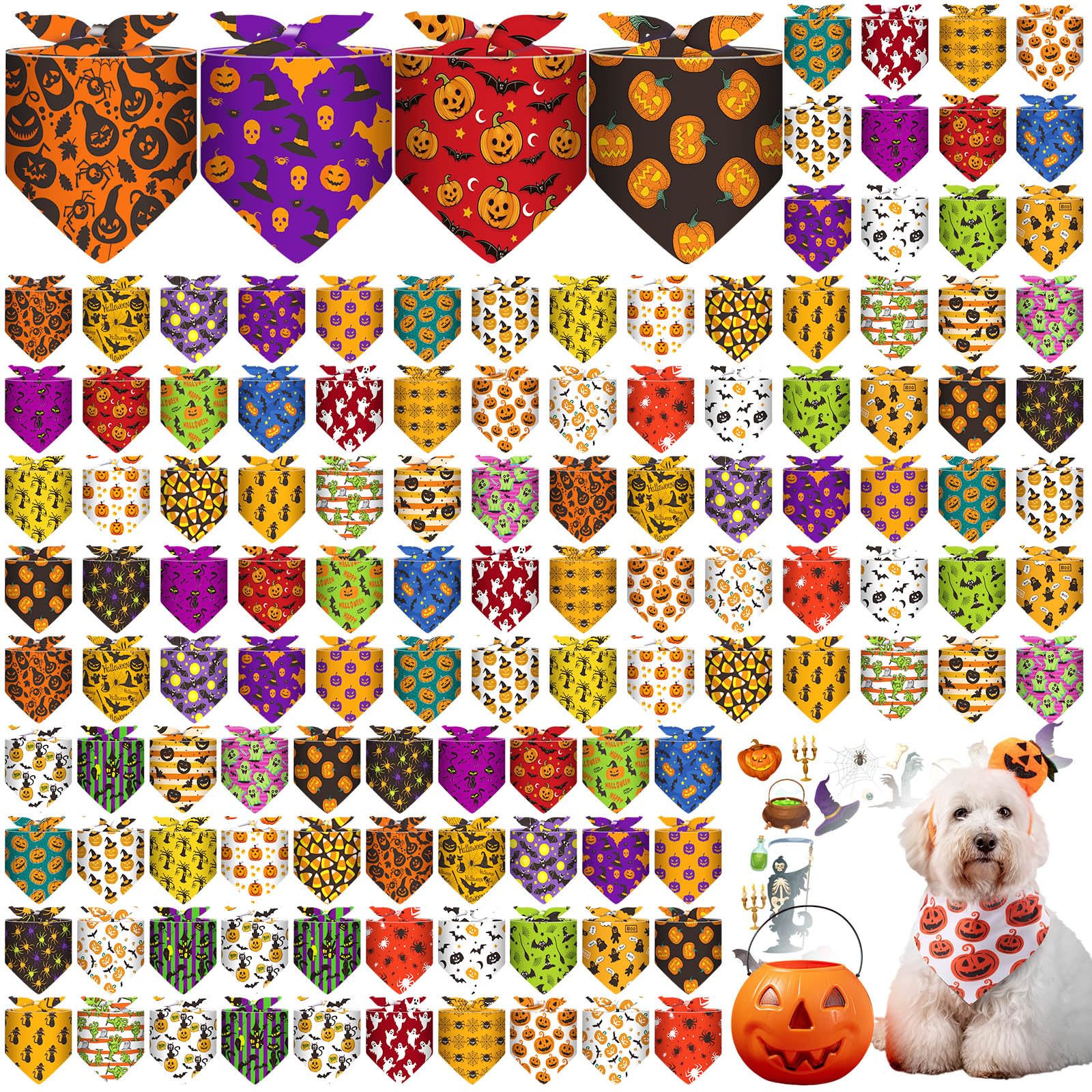 Sanwuta 120 Pcs Halloween Bandanas for Dogs Bulk Pumpkin Skeletons Triangle Dog Bandana Washable Pet Scarves Adjustable Bibs for Small and Medium Pets, 30 Styles(Halloween)