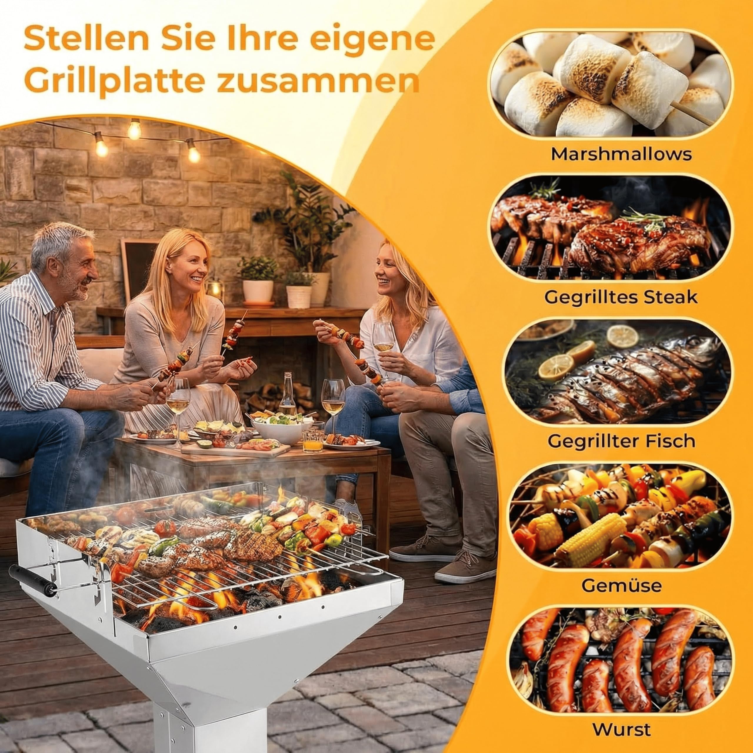 TLGREEN Grill na węgiel drzewny, stal nierdzewna, 63 x 48 x 92 cm, grill kolumnowy z chromowanym rusztem, pojemnik na popiół i wentylacja, 3-stopniowa regulacja wysokości, grill lejkowy do użytku na