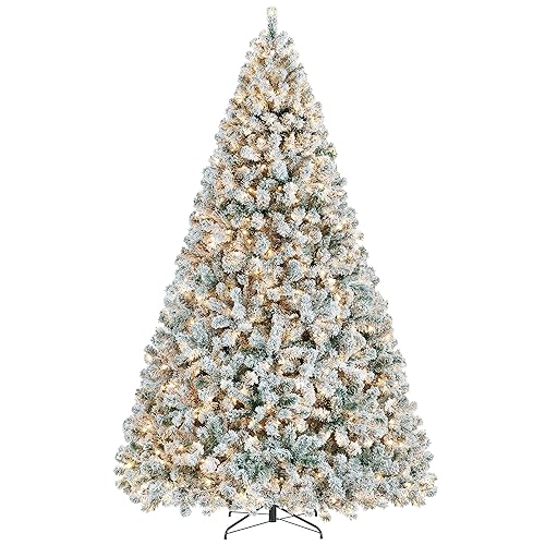 Yaheetech 9ft Pre-lit Artificial Christmas Tree with Incandescent Warm White Lights, Snow Flocked Full Prelighted Xmas Tree W/2084 Branch Tips, 900 Incandescent Lights & Foldable Stand, Green & White