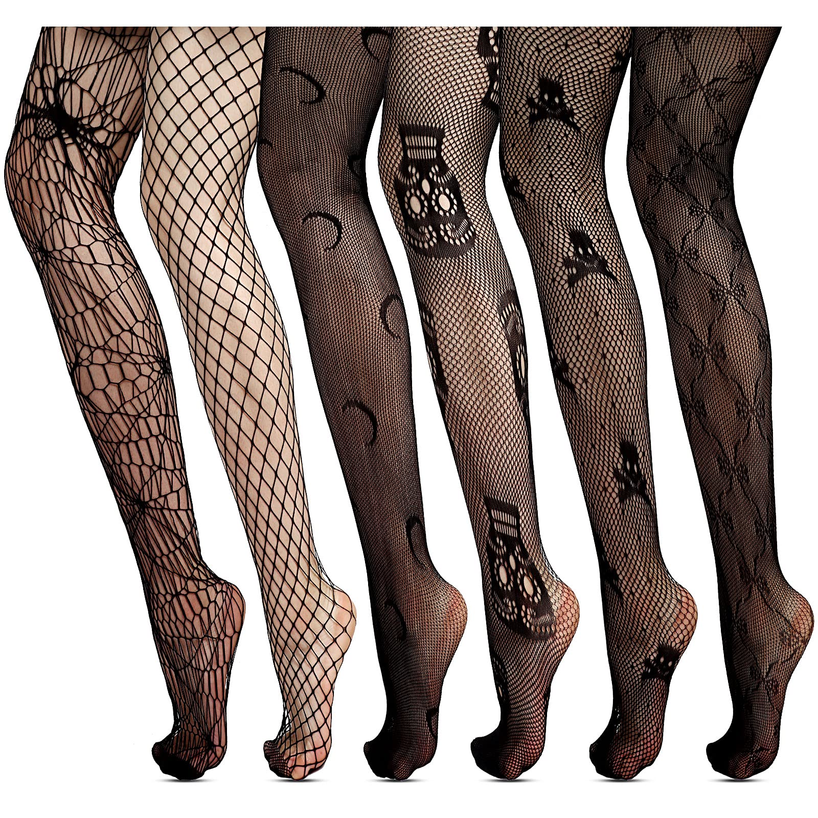 Sintege6 Pairs Fishnet Tights Skull Stockings Spider Web Moon Fishnet Stockings Halloween Patterned Pantyhose Tights for Women Cosplay Party, Black, M