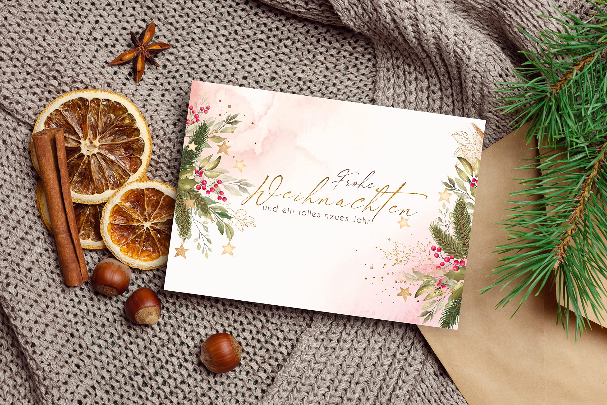 12 Weihnachtskarten Set Klappkarten mit Umschlägen Karte Karten Umschlag glanz Frohe Weihnachten Merry Christmas xmas grün gezeichnet Aquarell modern zart Geschenk (Packung mit 4)