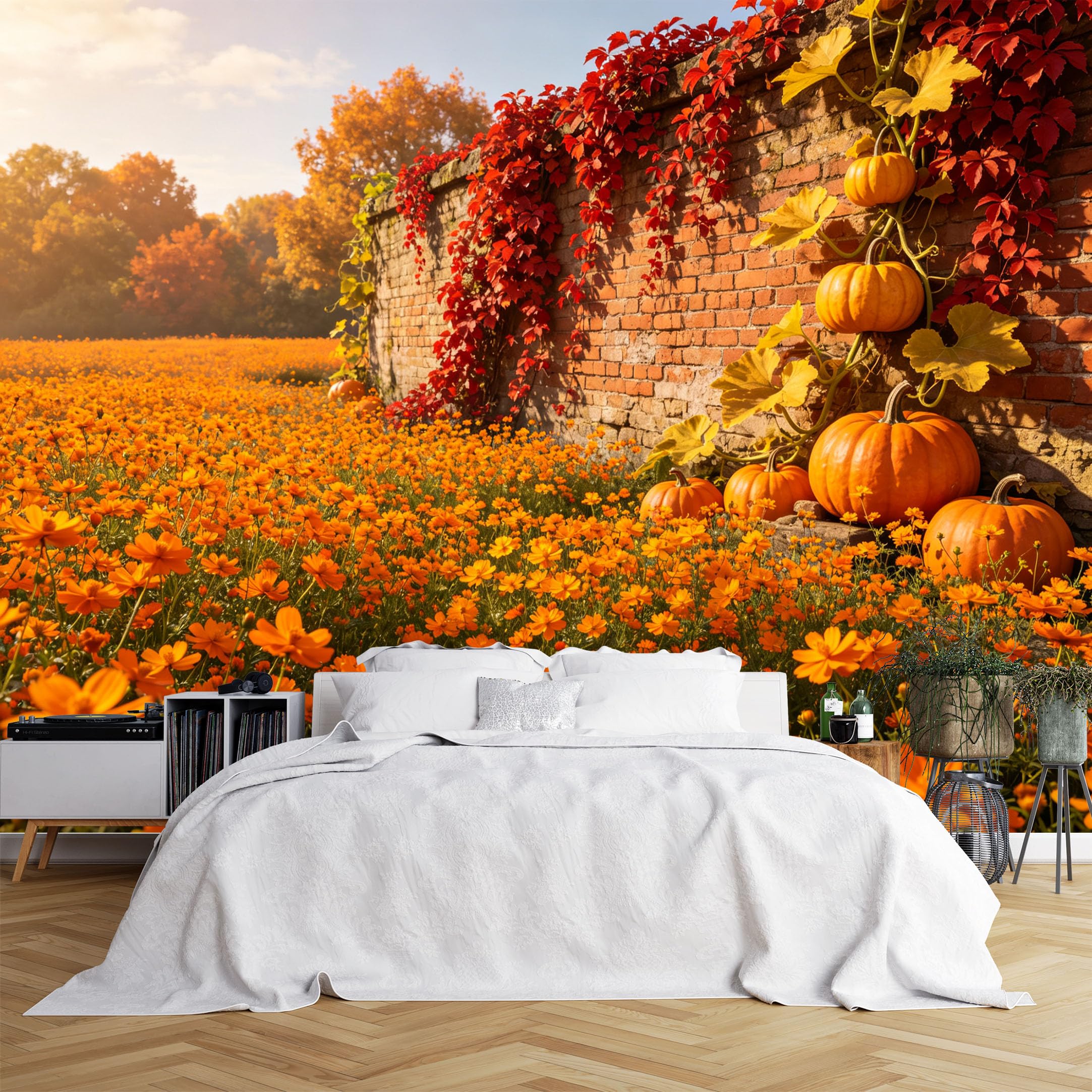 Lcythiazole Ch260615139 Custom Size Wall Murals Autumn Pumpkin Cosmos Flower Brick Wall Scene Wall Murals Hd Seasonal Wallpaper Wall Stickers Self-Adhesive Removable Wallpaper For Living Room