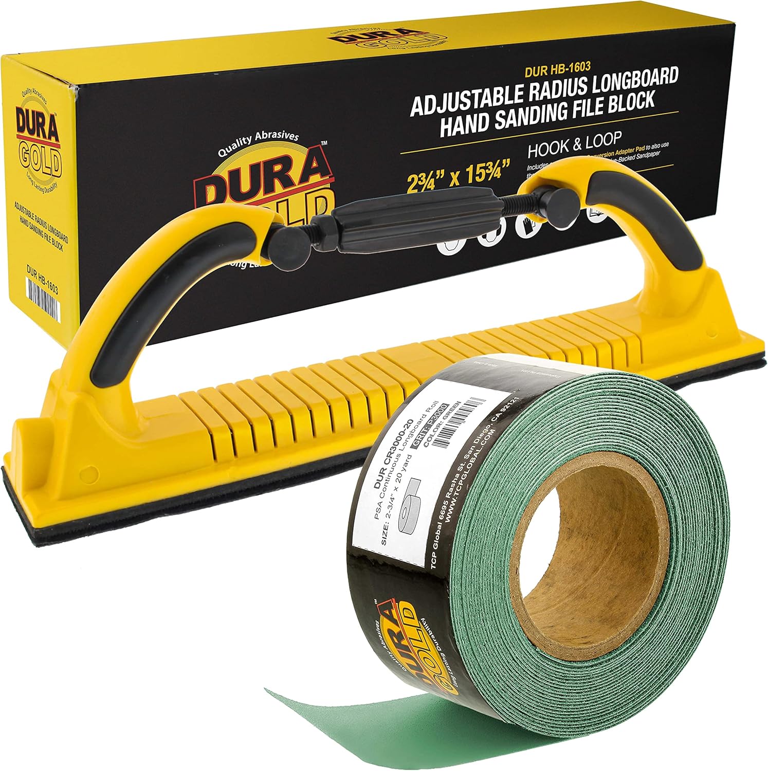 Dura-Gold Pro Series Adjustable Radius Flex Longboard Hand Sanding File Block with Hook & Loop Backing and PSA Adapter Pad & 3000 Grit Green Sandpaper Roll, 2-3/4" Wide, 20 Yards Long