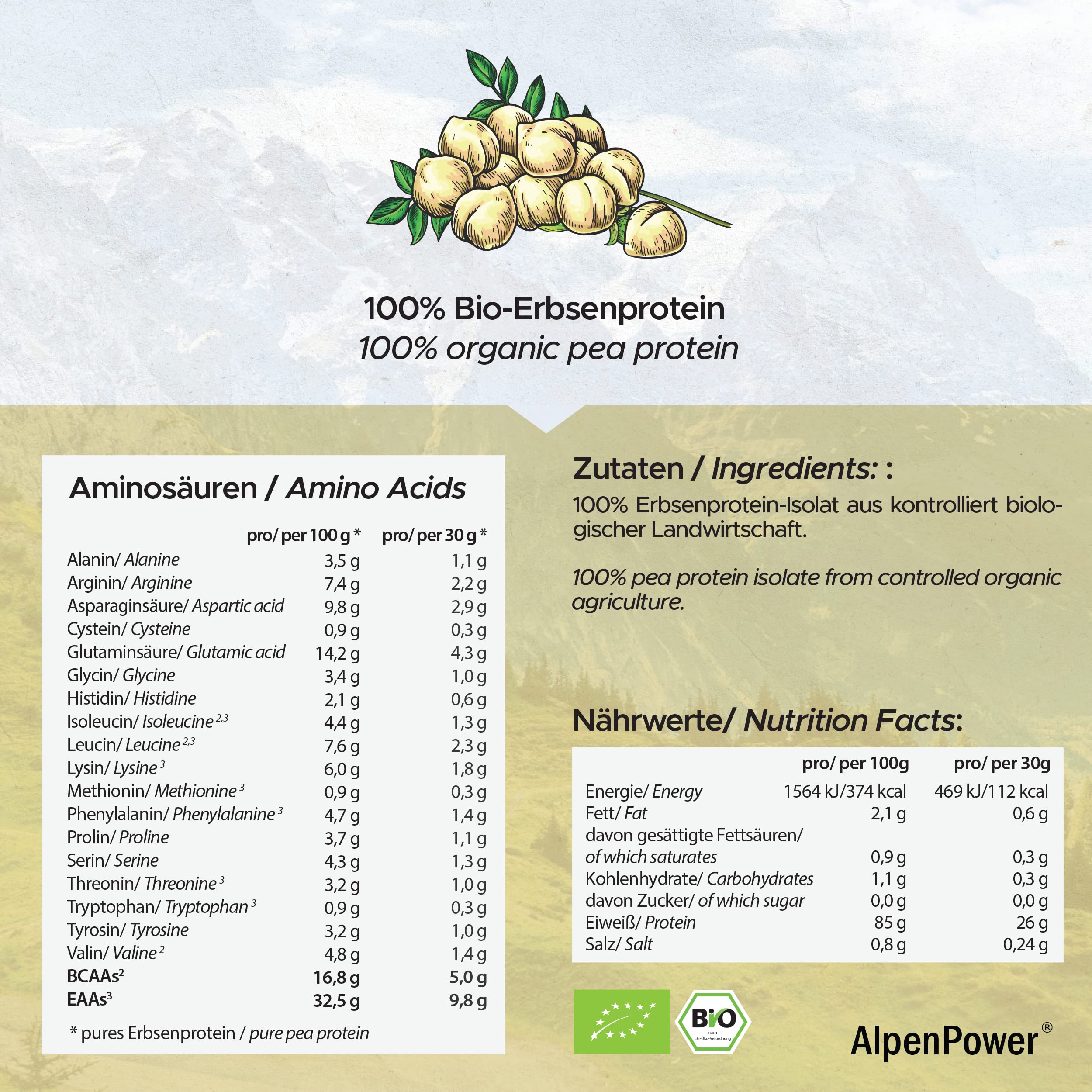 AlpenPower BIO Protéine de Pois 600 g - Isolat de protéines de pois 100% pur - Sans additifs - Végétalien et polyvalent - Poudre de protéines de haute qualité avec 85% de protéines