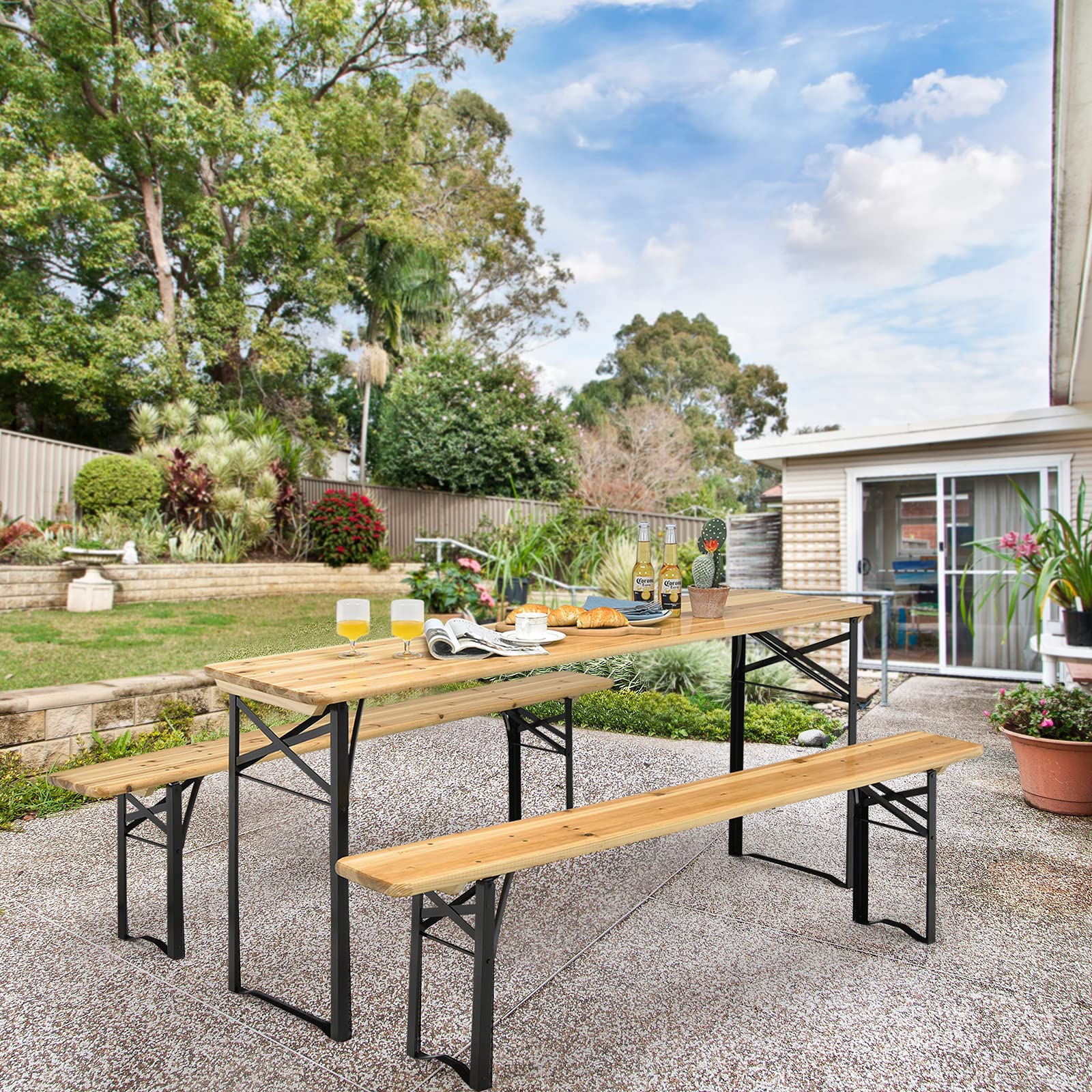 COSTWAY Ensemble Table Pliante et Bancs de Pique-Nique 180CM en Bois