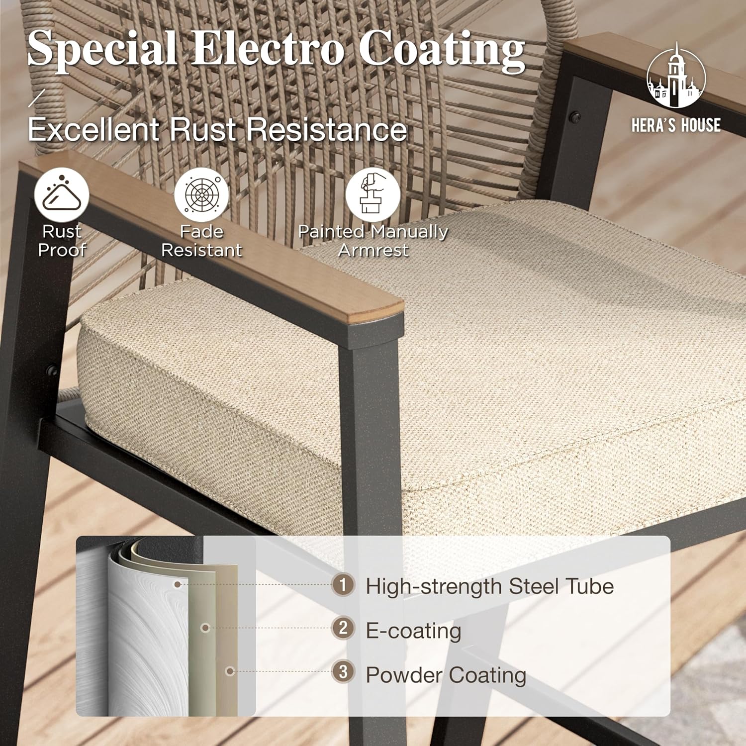 HERA'S HOUSE Patio Chairs Set of 8, 36.6" Rattan Dining Chairs with Heavy-Duty Wrought Iron Metal Frame Support 300lbs, All-Weather Outdoor Chair for Garden Lawn Backyard Kitchen Deck