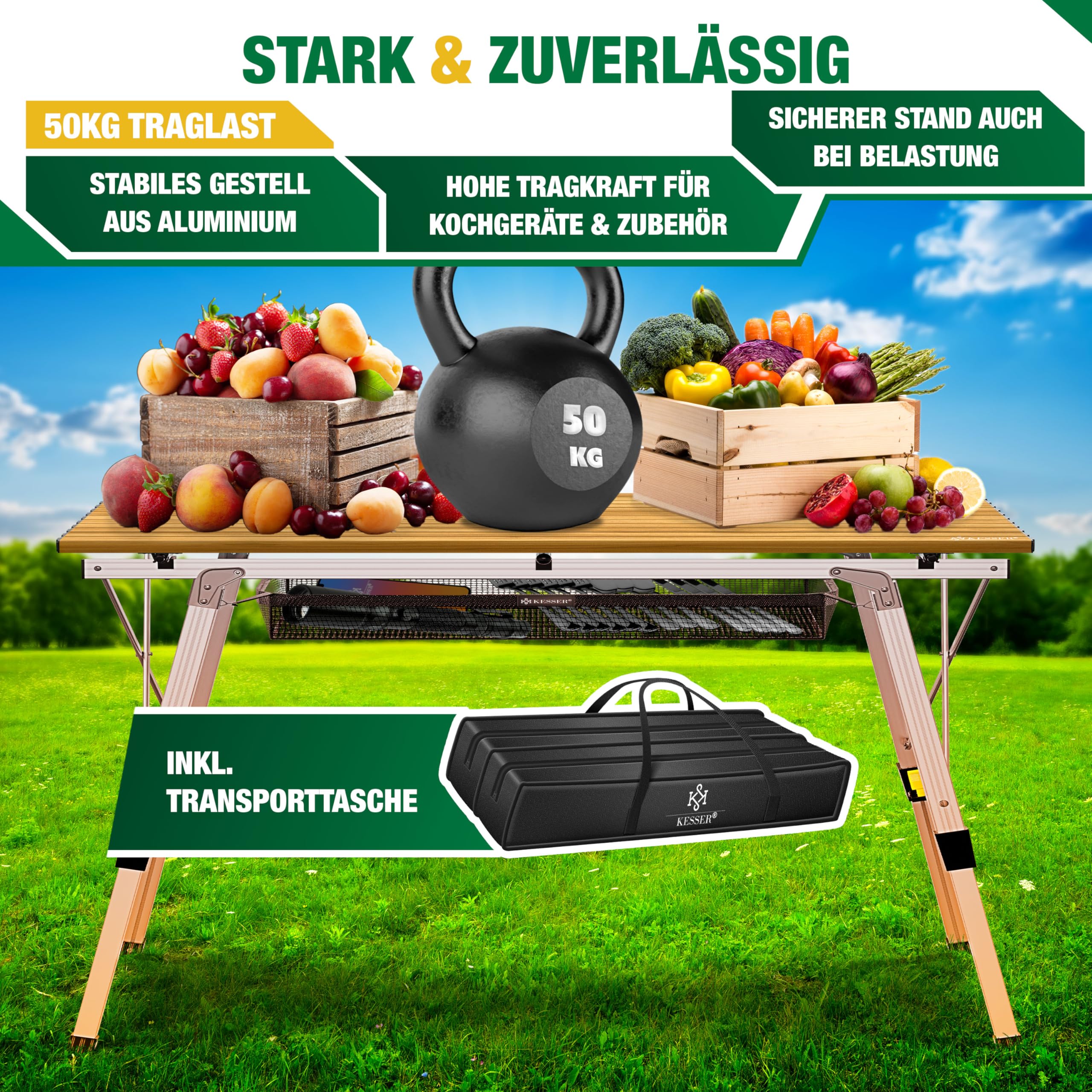 KESSER® Campingtisch faltbar Klapptisch mit Aluminiumrahmen Aufrollbare Tischplatte Falttisch klappbar Höhenverstellung 120x70cm - bis 100kg inkl. Tragetasche mit Trageband & Netztasche, Holz-Optik