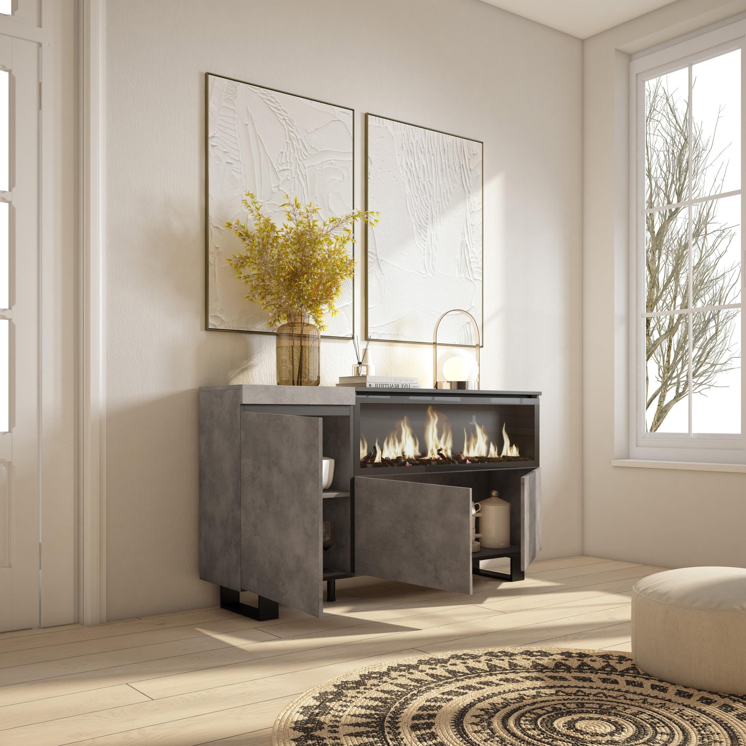 Buffet Salon Et Cuisine 4 Portes | Style Moderne Chêne Et Noir, Rangement Spacieux Et Montage Facile