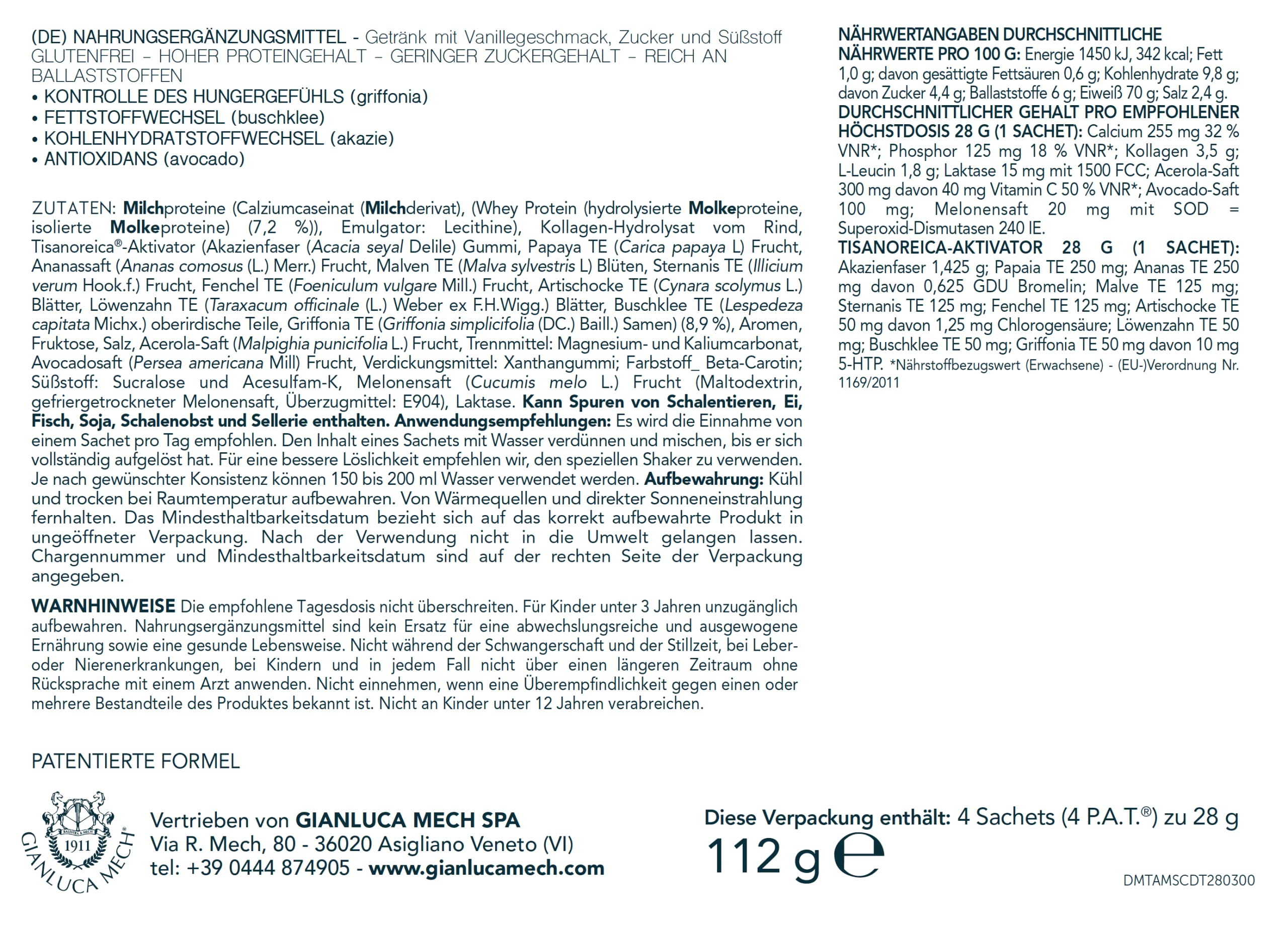 Gianluca Mech | Tisanoreica Bevanda Proteica al Gusto di Vaniglia, 4 x 28g, Integratore Alimentare Keto con Acacia, 341kcal per 100g (Confezione da 2)