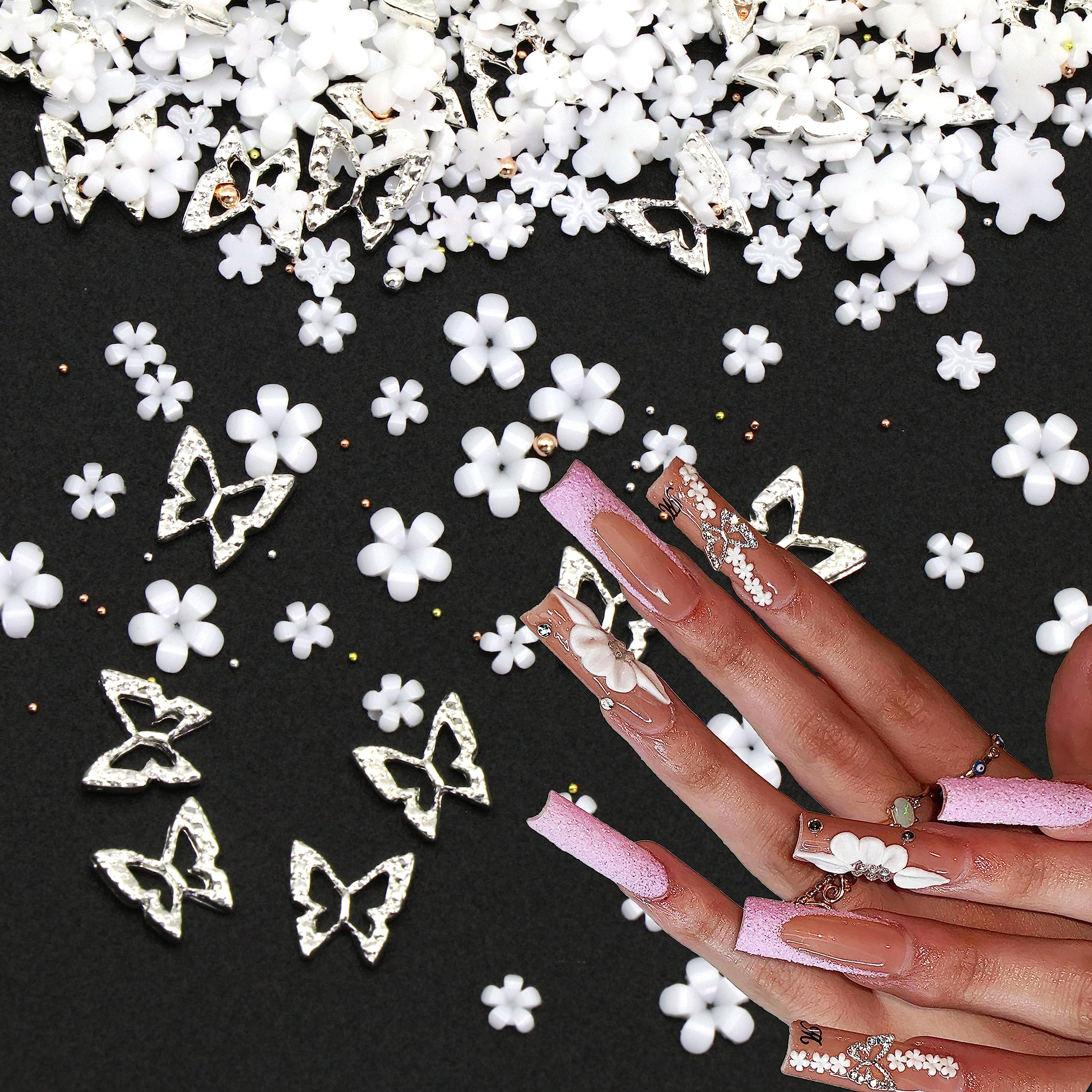 Butterfly Nail Charms and 3D Flower Nail Charms, 1050Pcs Alloy Nail Butterfly Charms and White Acrylic Flowers for Nails Designs Shiny Crystal Charms for Women Girls DIY Nail Art Decoration