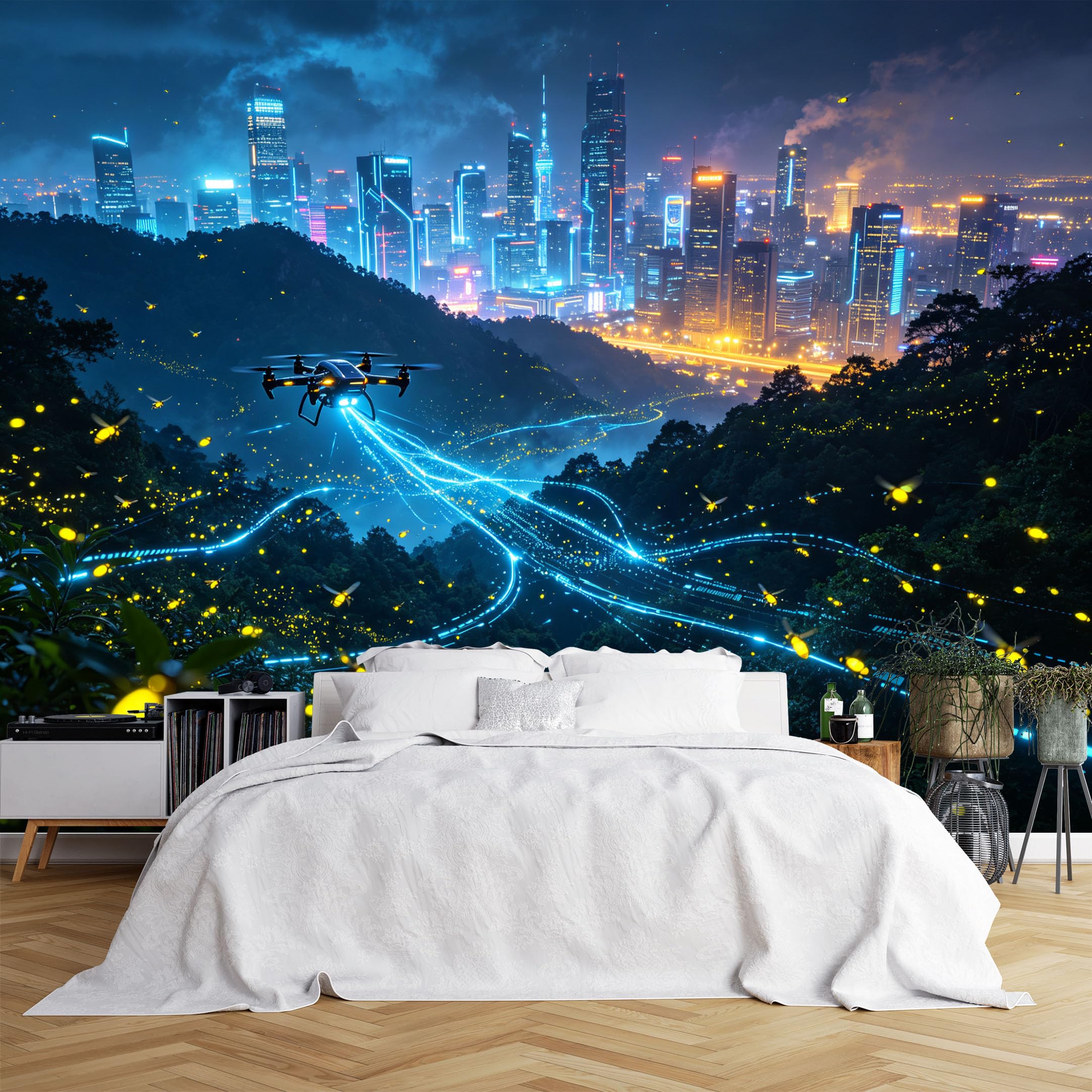 Lcythiazole Ch260615223 Custom Size Wall Murals Night City Drone Firefly Scenery Hd Wall Covering Fabric Self-Adhesive Wall Fabric (No Pvc) Removable Wallpaper For Office Lobby