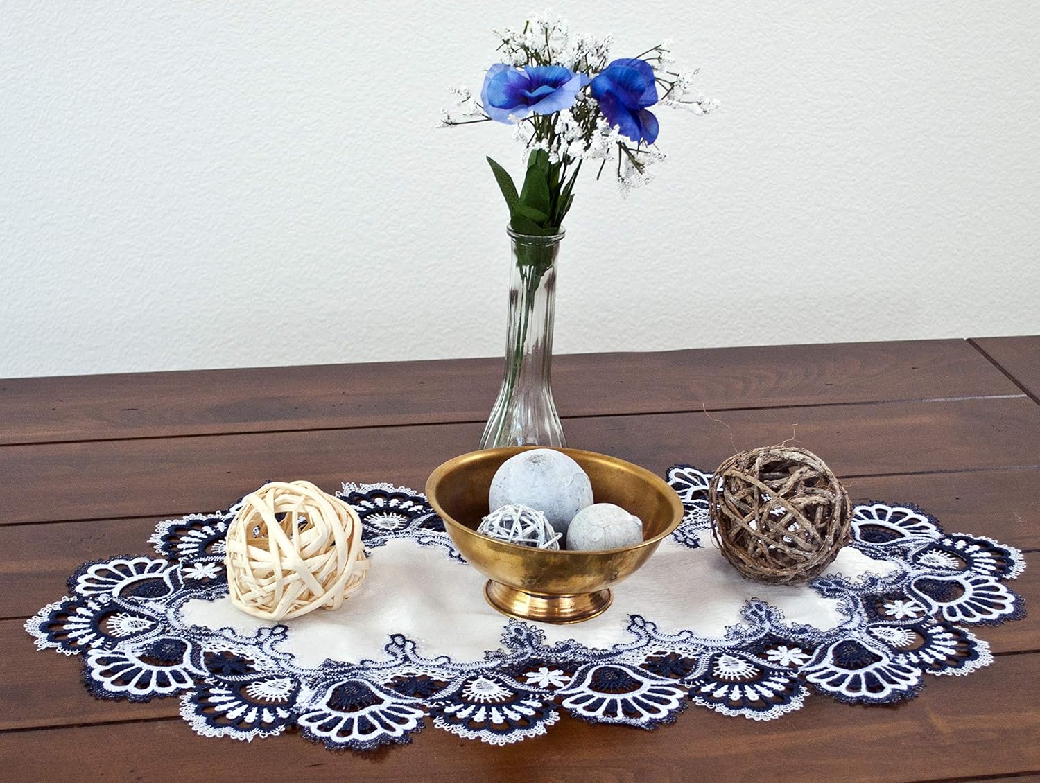 Exсluѕіvе Dіѕсоunt 50% Prісе Large Lace Placemat Dresser Scarf Table Runner Blue Navy and White European Table Centerpiece 14 x 27 Inches Doily