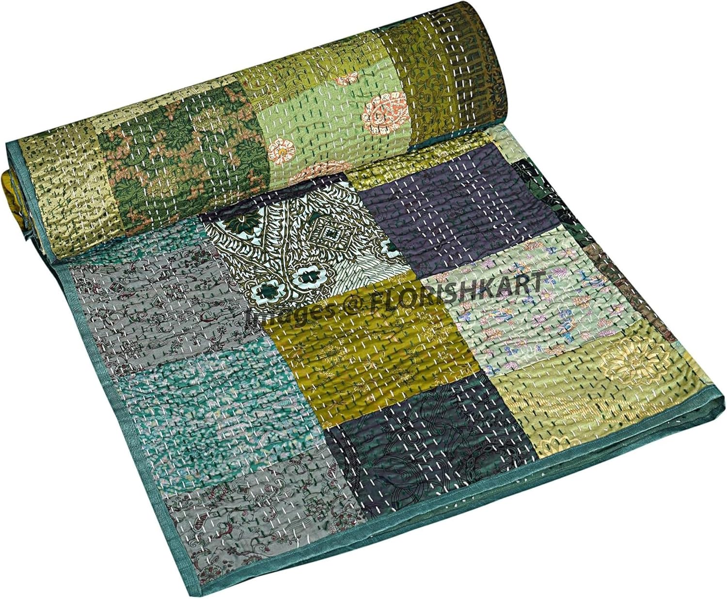 Kantha Quilt Indian Quilt Throw Kantha Boho Blanket Silk Sari patola Patchwork Kantha Quilts Reversible Comforter Bedspread (Green, Twin (60"x 90"))