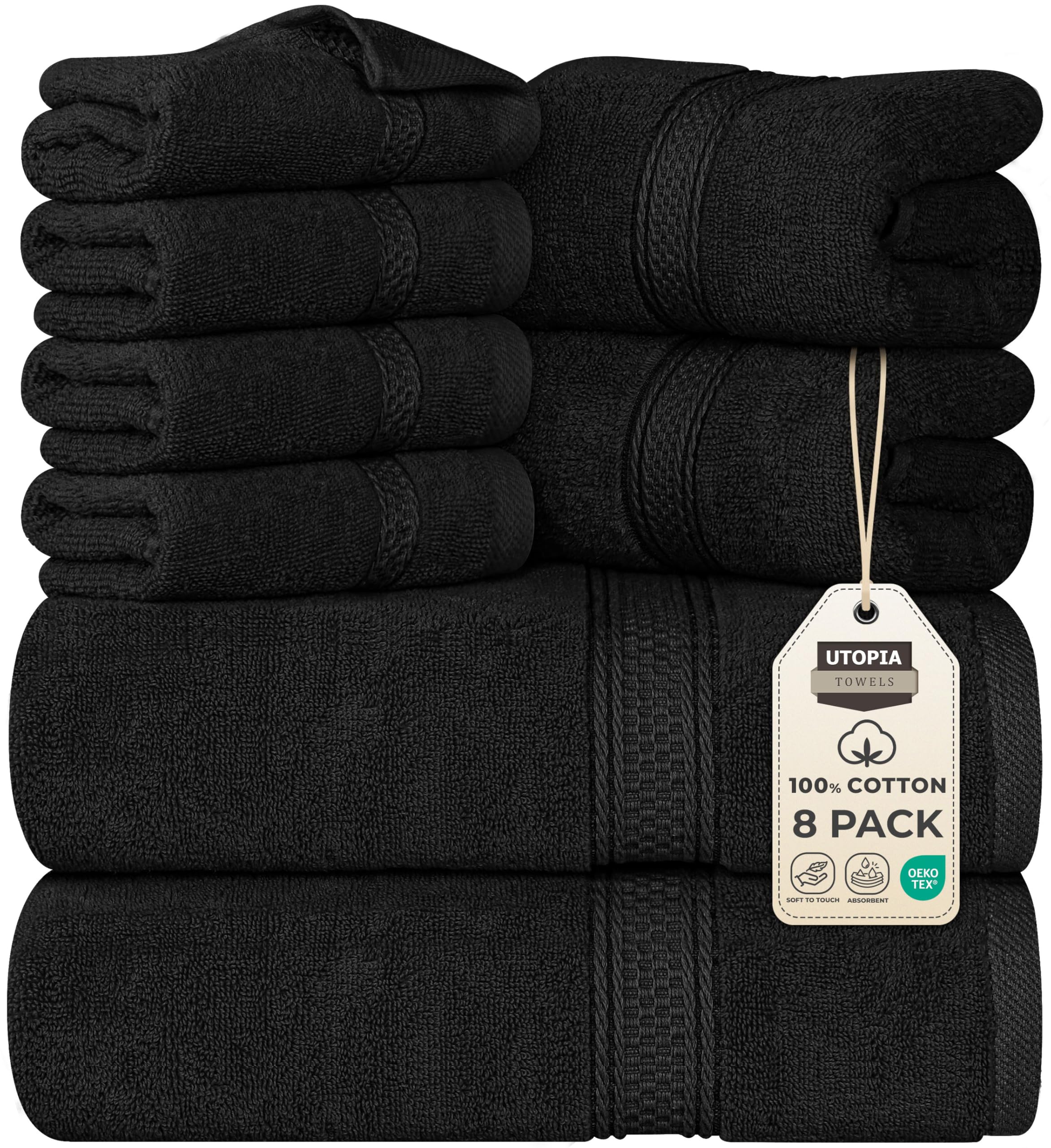 Utopia Towels 8 Piece Premium Towel Set, 2 Bath, 2 Hand, and 4 Wash Cloths, 600 GSM 100% Ring Spun Cotton, Highly Absorbent Towels for Bathroom, Gym, Hotel, and Spa, Black