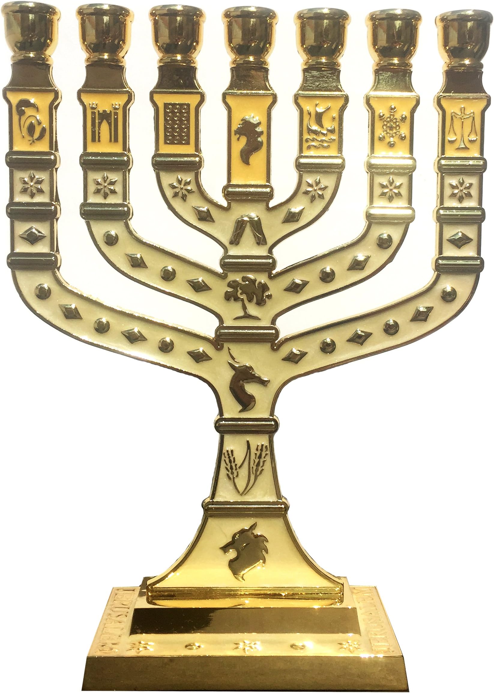 Lion Of Judah Market Blue Enamel Menorah - 7 Branch With 12 Tribes Symbols, 10.75" High