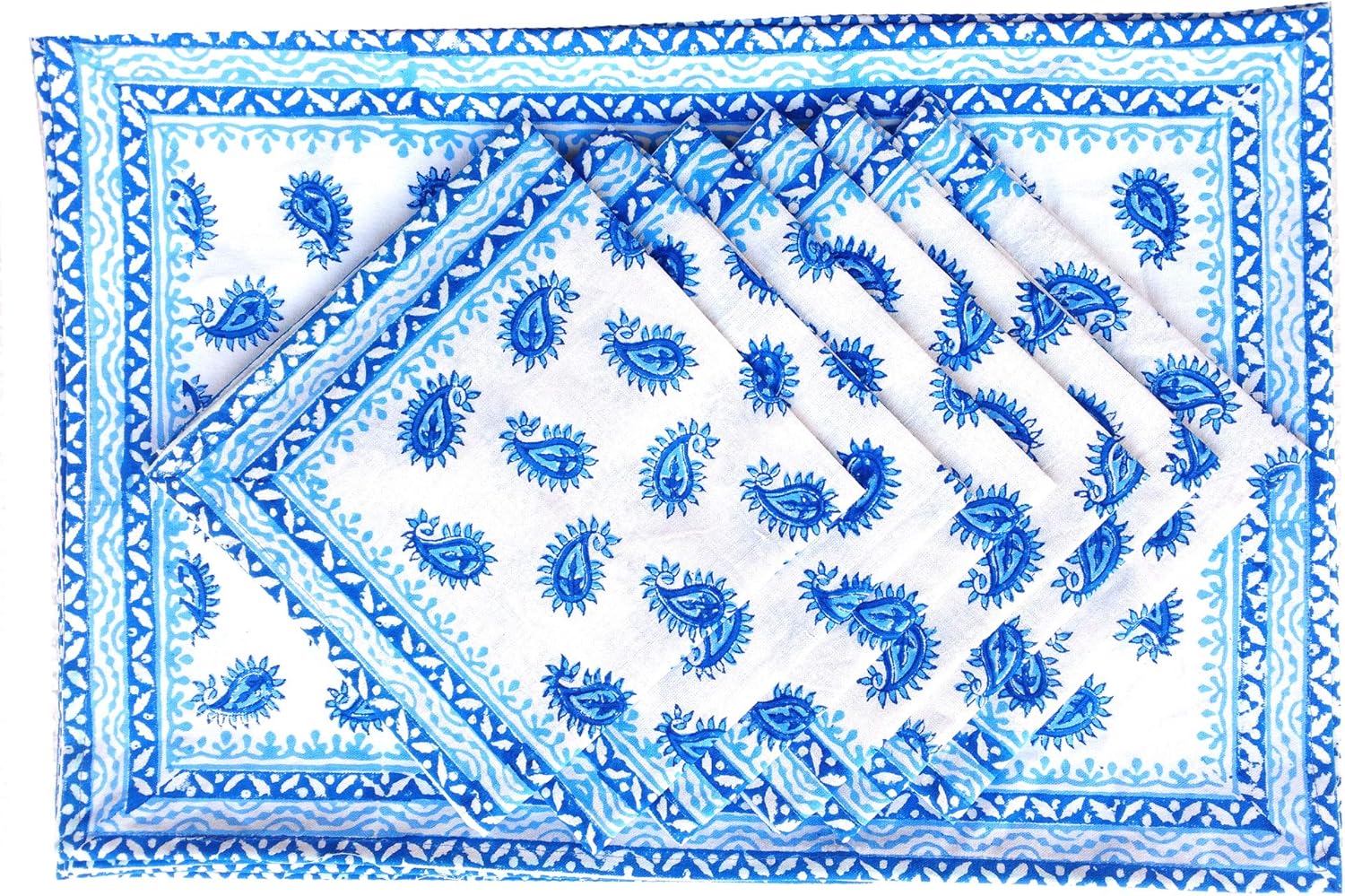 Rastogi Handicrafts Hand Block 100% Cotton Indian Style Theme Set of 6 Dining Table Mats and Napkins Place-mats Runners (BLUE 5) - Image 3