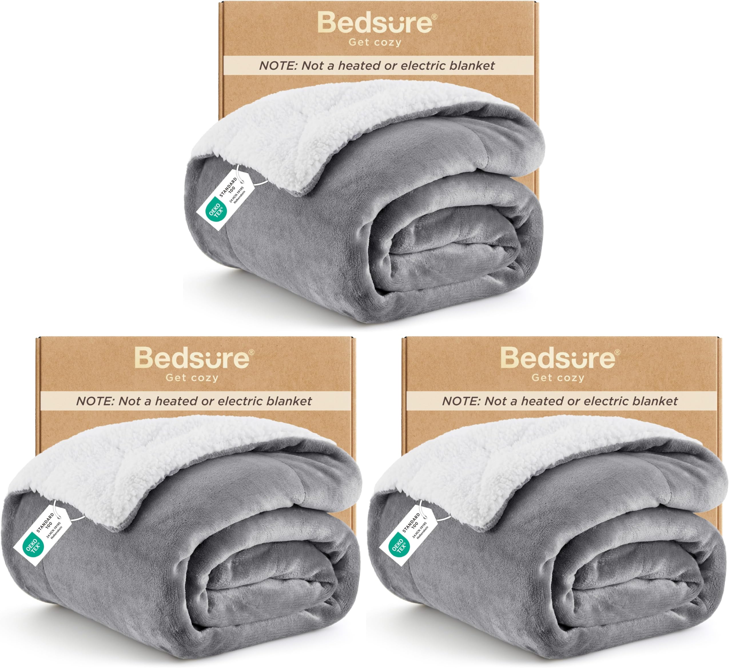 Bedsure GentleSoft Sherpa Fleece Throw Blanket for Couch, Non-Heated, Thick &amp; Warm Cozy Blanket for Winter, Soft Fuzzy Plush Throw Gifts for Women and Men, Grey, 50x60 Inches (Pack of 3)
