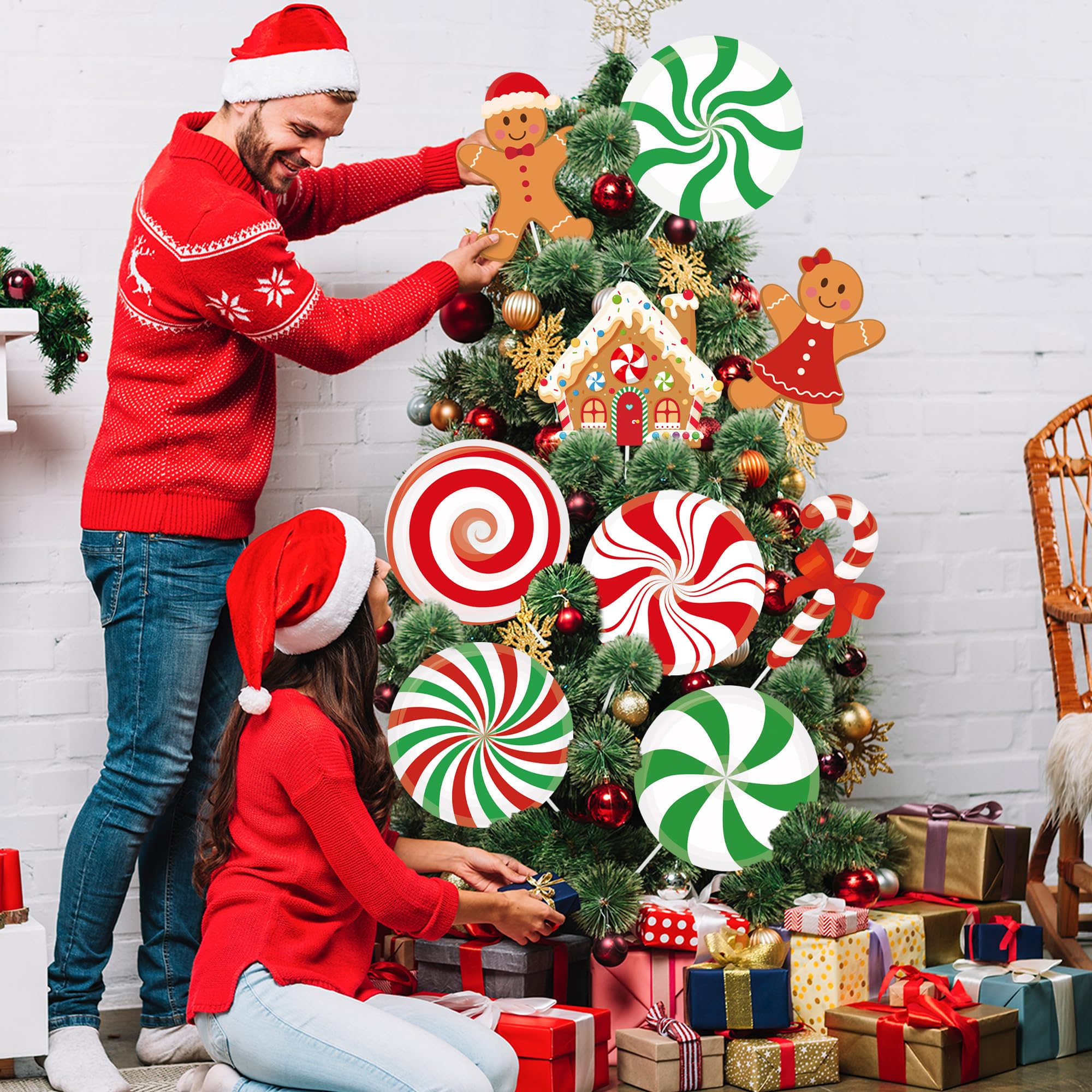 12 Stück große Süßigkeiten-Lebkuchen-Weihnachtsbaum-Plektren, 25,4 cm, Zuckerstange, Lebkuchenmann, Weihnachtsbaumschmuck, Pfefferminz-Lutscher, hängende Dekoration für Weihnachtsbäume, Dekoration