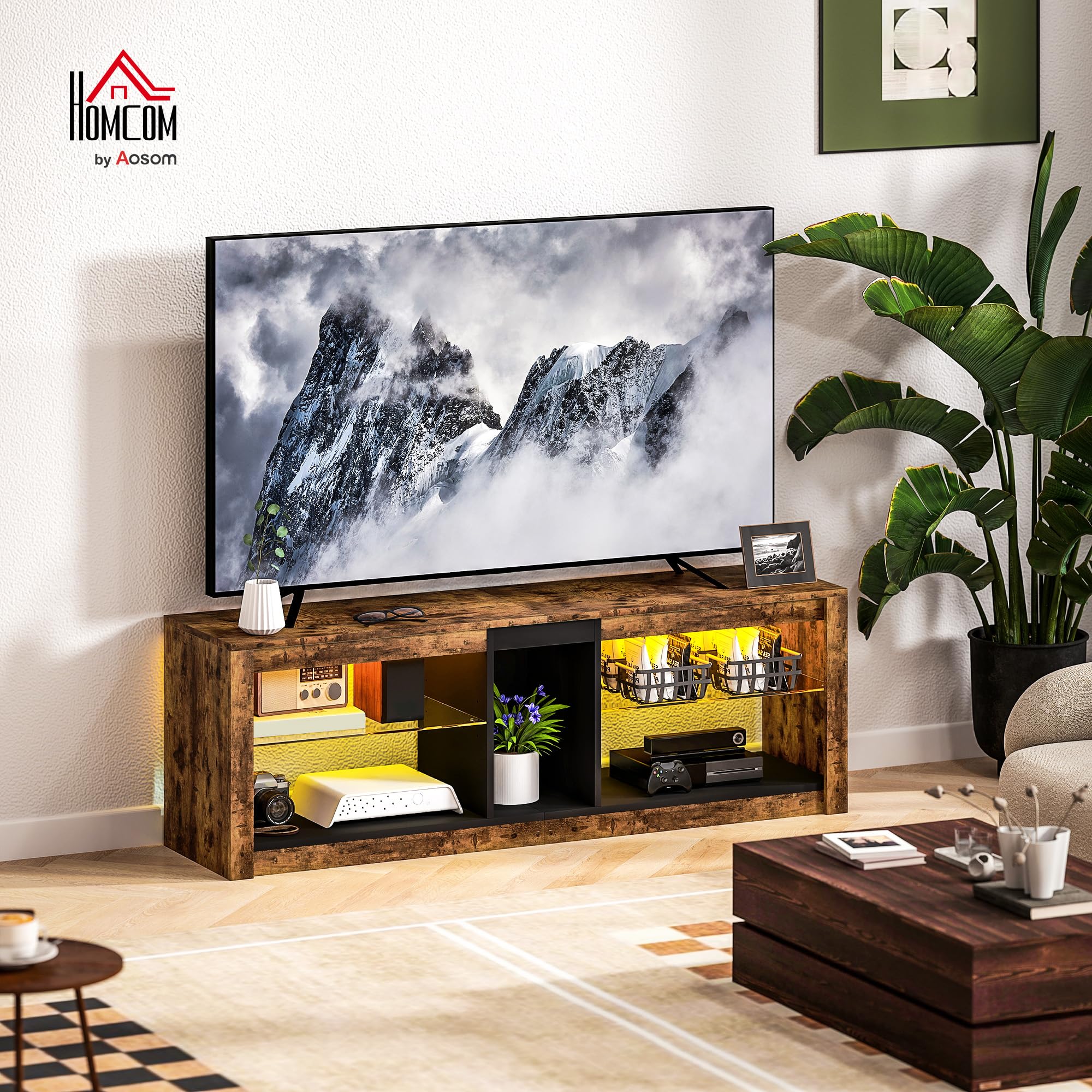 HOMCOM Meuble TV LED avec Télécommande pour TV 65 Pouces 140x35x47cm Marron | Meuble Télé Bois, Étagères, Compartiments Ouvert, Salon, Chambre à Coucher