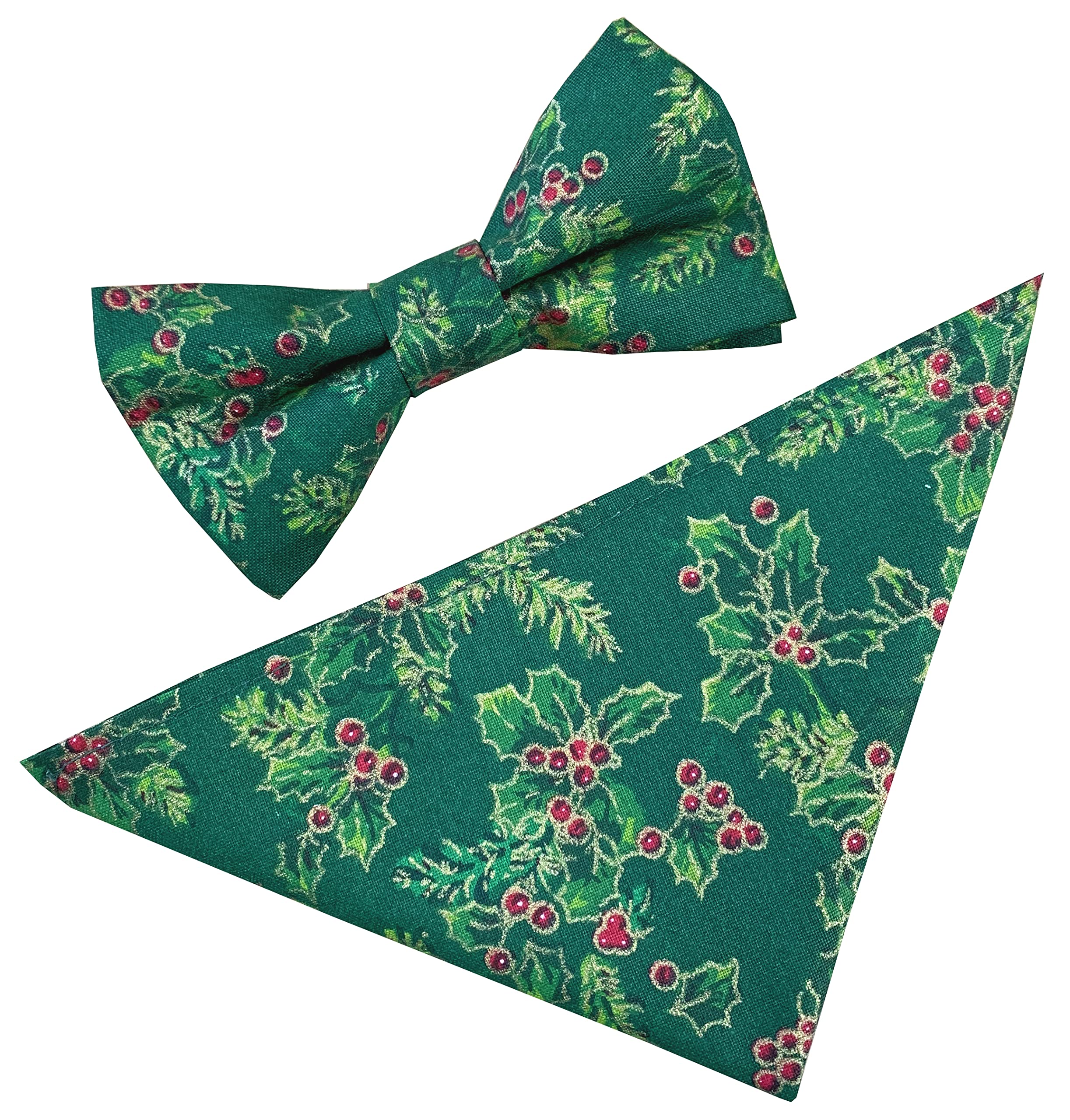 Men's Vintage Green Holly 100% Cotton Christmas Bow Tie & Hanky Set