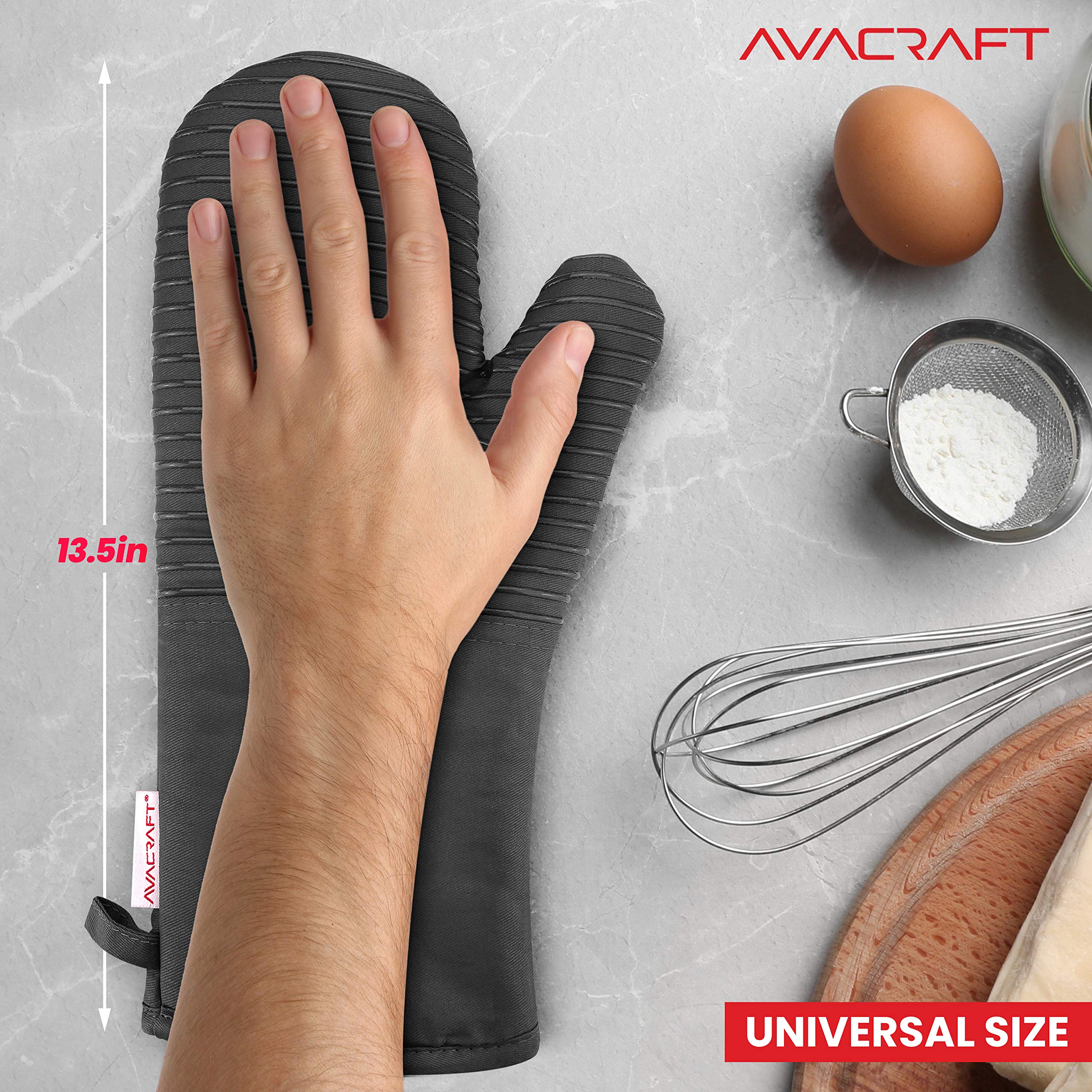 AVACRAFT Ofenhandschuhe, flexibel, 100 % Baumwolle mit einzigartigem, hitzebeständigem Silikon in Lebensmittelqualität, dicke Frottee-Innenseite, 250 °C hitzebeständig (graue Ofenhandschuhe)