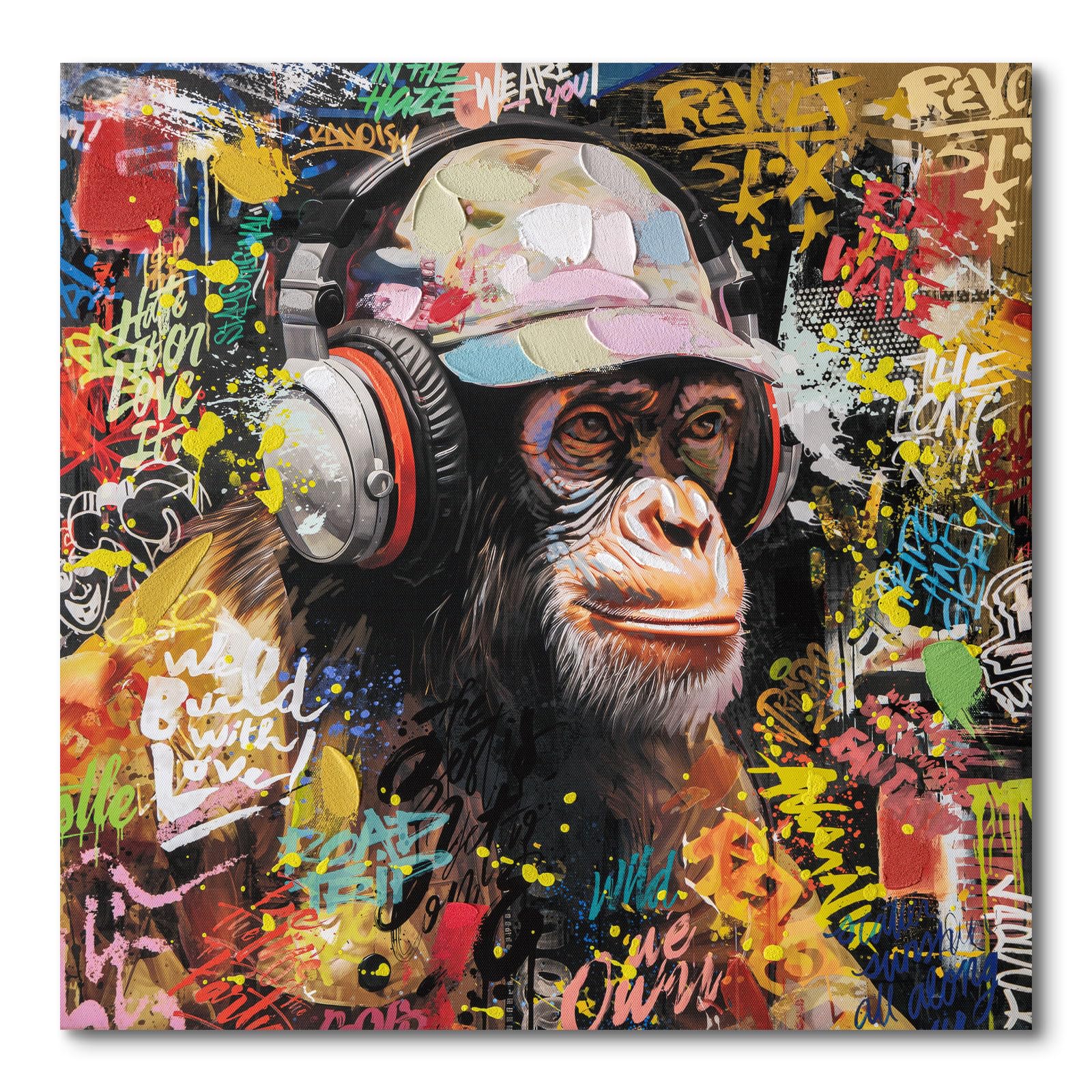 Modern Pop Art Monkey Canvas Wall Art, Street Graffiti Gorilla Canvas Painting, Abstract Banksy Listening To Music Monkey Posters Wall Art Living Kids Room Home Decoration, Ready to Hang 20 x20 IN
