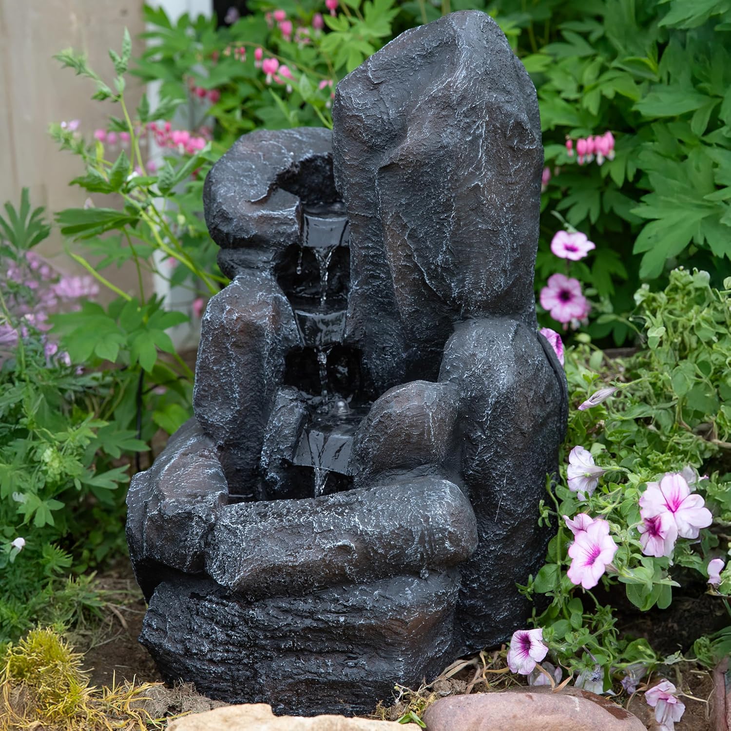 Sunnydaze Rock Falls 22-Inch Solar Fountain with Battery Backup and LED Lights - Submersible Pump - Polyresin and Fiberglass