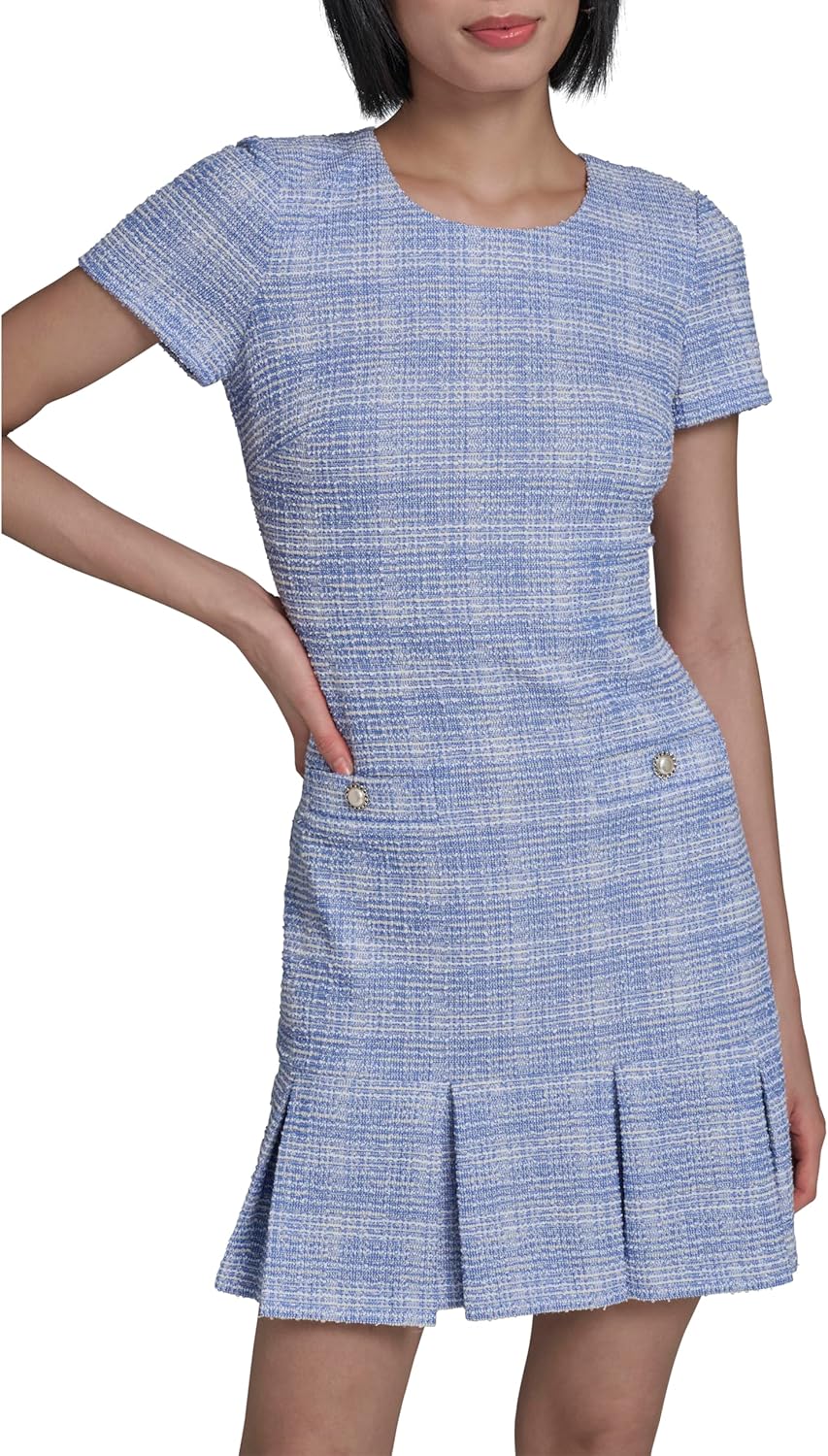 Karl Lagerfeld Women's Tweed Short Sleeve Round Neck Shift Mini Dress