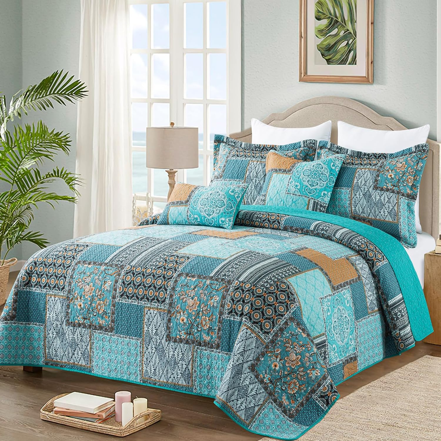 VAPUTAR King Size Quilt Bedding Set - Soft Cotton King Size Bedspreads (98 * 106 in) - Lightweight Patchwork Floral Quilts for Farmhouse Bedroom (Teal/Green Chic, 3 Pieces) - Image 2