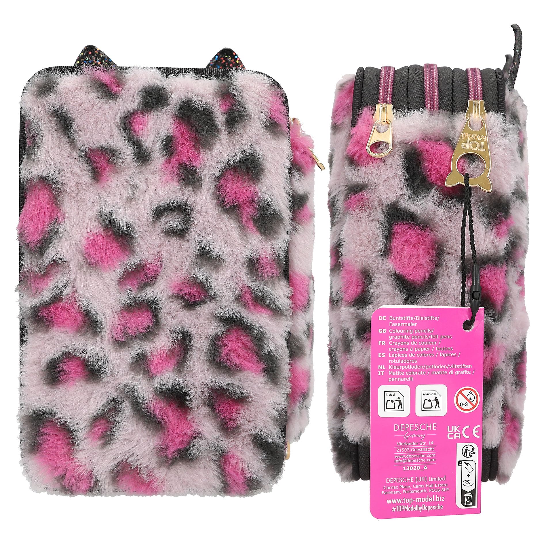 Depesche 13020 TOPModel Rebel Kitty Trousse à Crayons remplie à 3 Compartiments avec Fourrure léopard en Violet et Oreilles de Chat, Trousse avec Crayons de Couleur, règle, Ciseaux, etc.