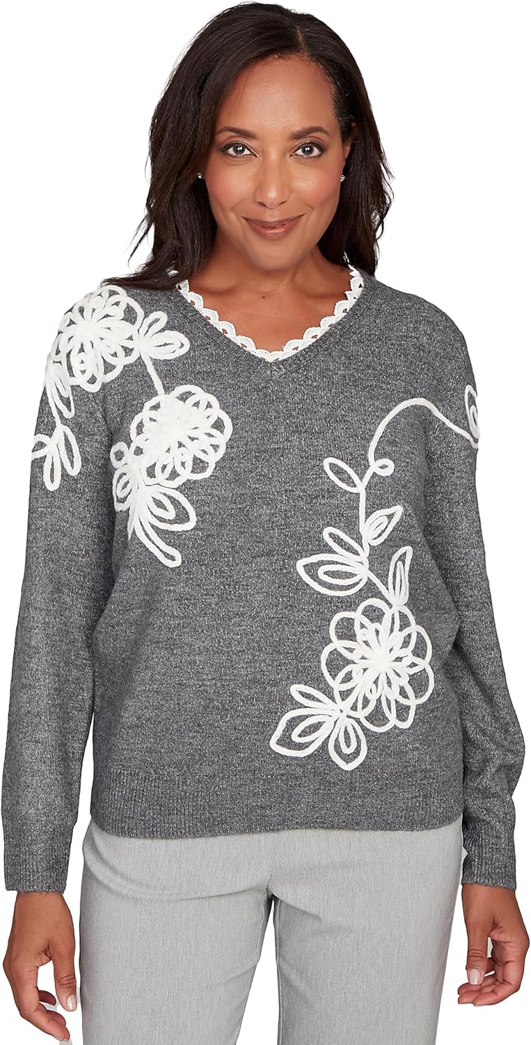 Alfred Dunner Women's Ruffle V-Neck Floral Soutache Sweater