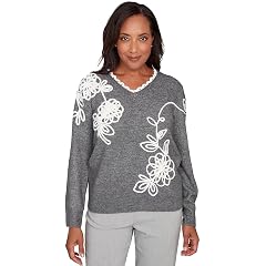 Alfred Dunner Womens Ruffle V-Neck Floral Soutache Sweater