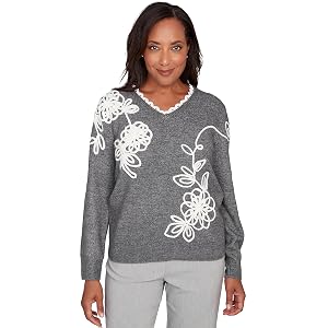 Alfred Dunner Womens Ruffle V-Neck Floral Soutache Sweater